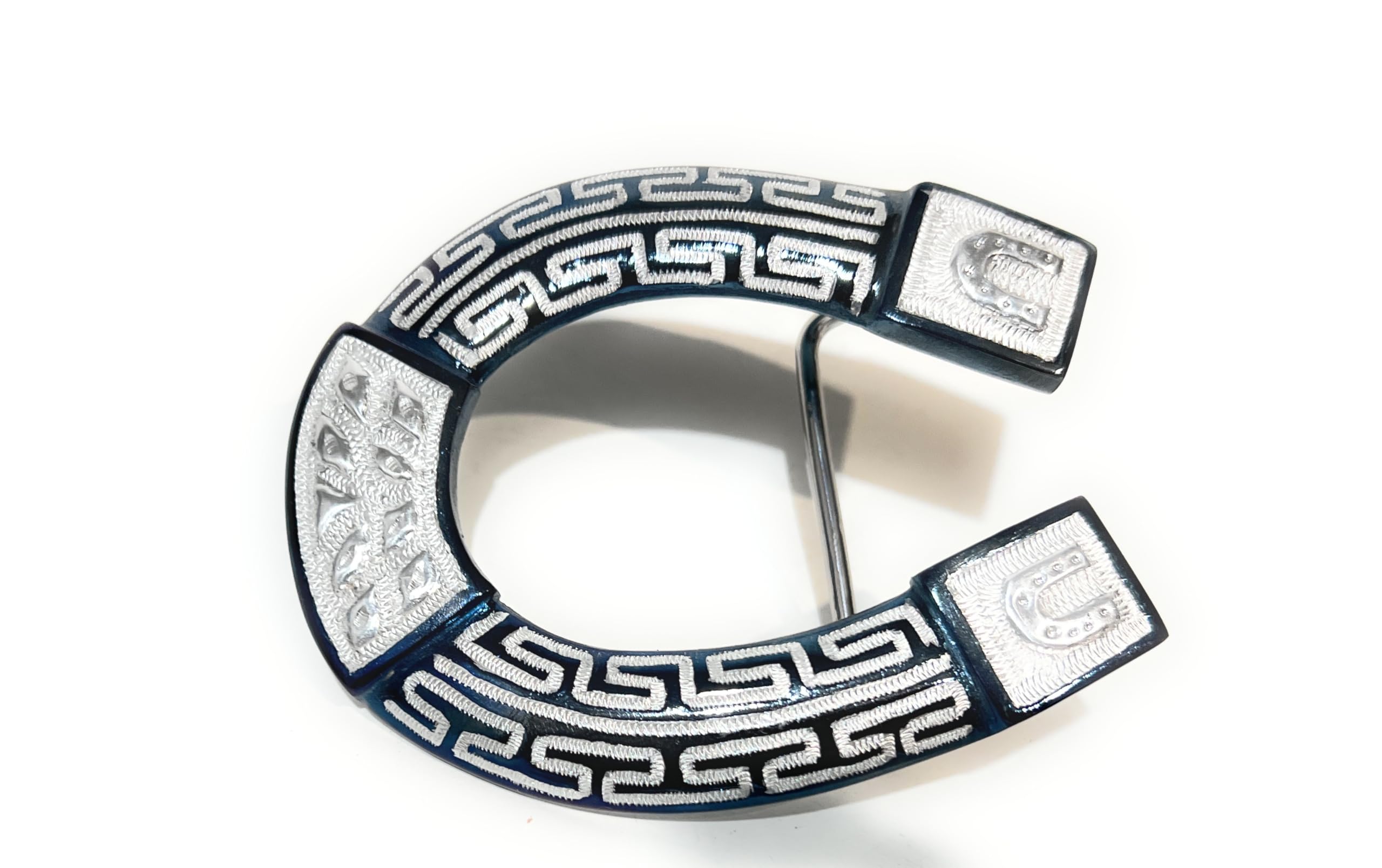 CHARRO SADDLE HORSE SHOE BLUE BELT BUCKLE. HEBILLA CHARRA HERRADURA. WESTERN COWBOY BELT BUCKLE
