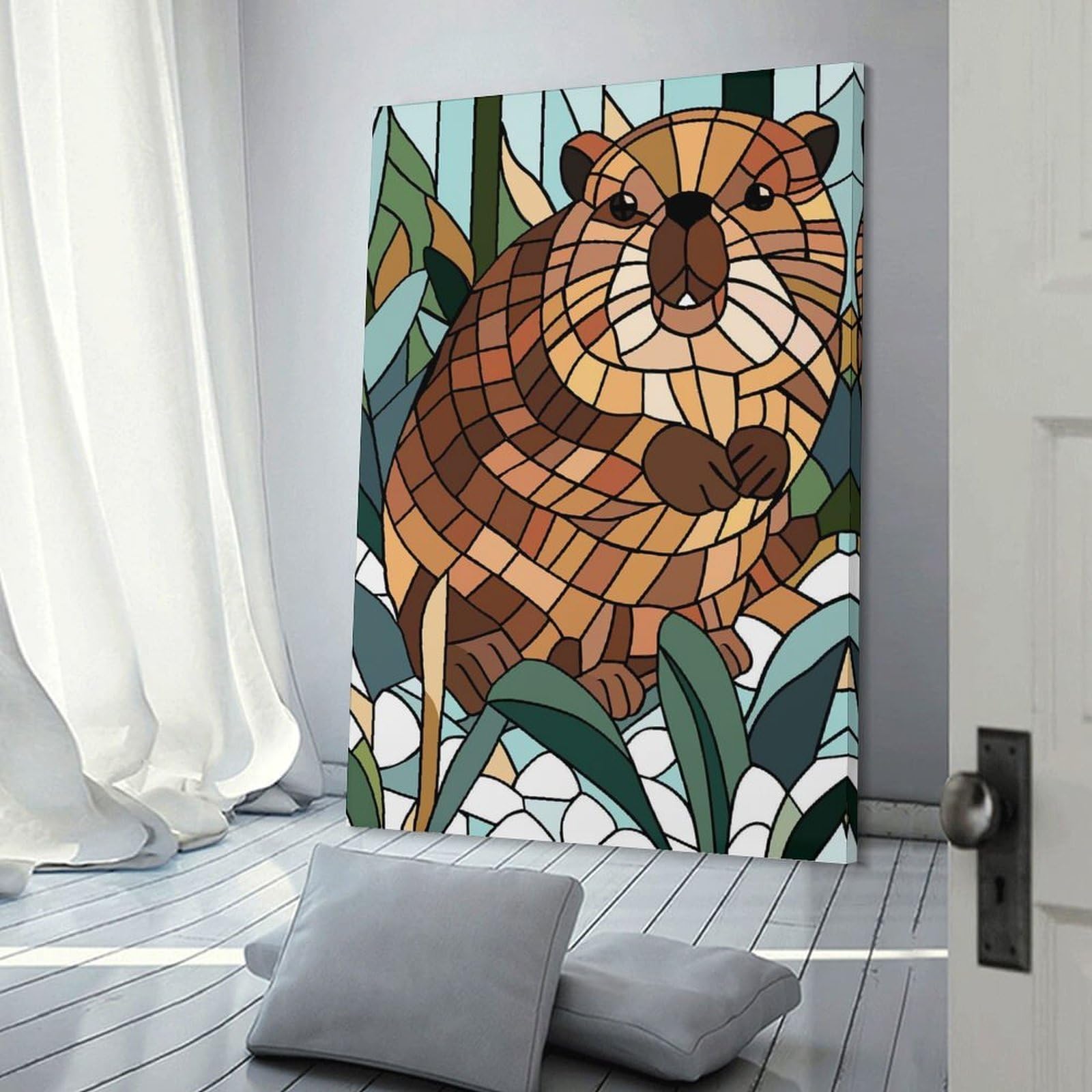 Junmoney Stained Glass Beaver in Nature Wall Art Print, 24x36inch(60x90cm), for Office, Study Or Home Workspace, Decorative Artwork for Productive Spaces