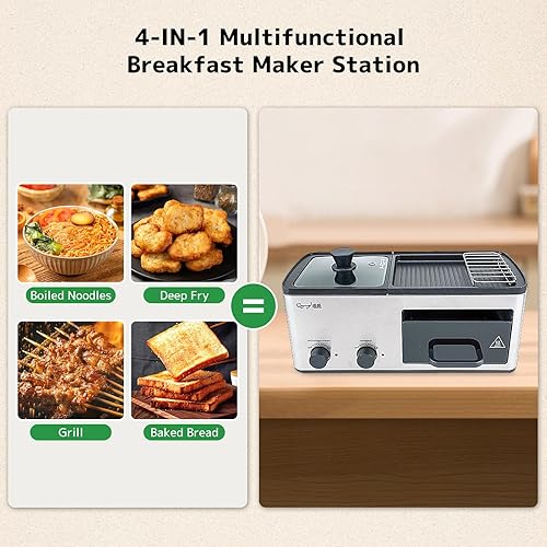 Miniatura 4 de Breakfast Maker Station 4 en 1 con parrillaparrillatostadacesta de freír, platos antiadherentes extraíbles, control de temperatura doble, color