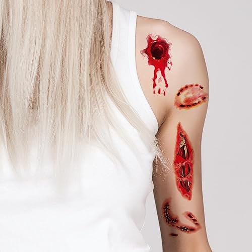 Miniatura 4 de Tatuajes temporales de Halloween, tatuajes falsos de cicatriz simulada, ojos de calavera de sangre, marcas de mordeduras, calcomanías de tatuaje, 10