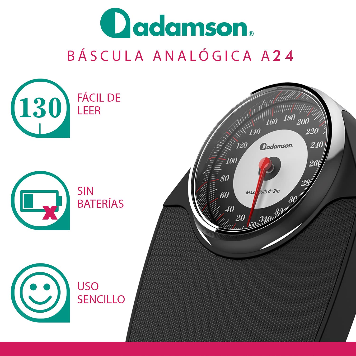 Adamson A24 - Báscula de baño analógica - NUEVO - Hasta 160 kg - Números grandes y base antideslizante - Balanzas para baño de alta precisión - 20 años de garantía - Para casa, dormitorio