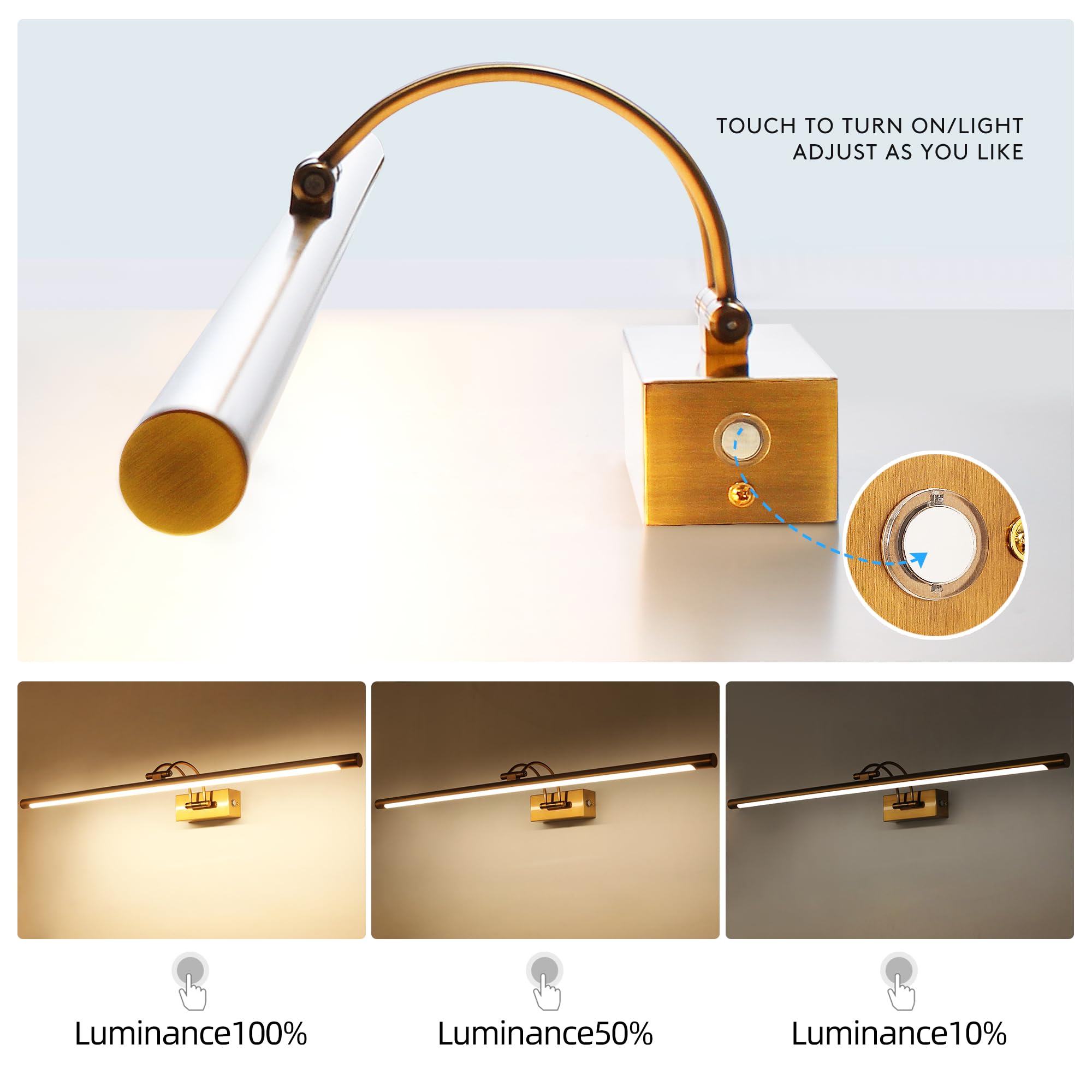 MantoLite Dimmable Applique Murale LED 90CM 16W 3000K/4500K/6000K Laiton Lumière Pivotante Intérieur