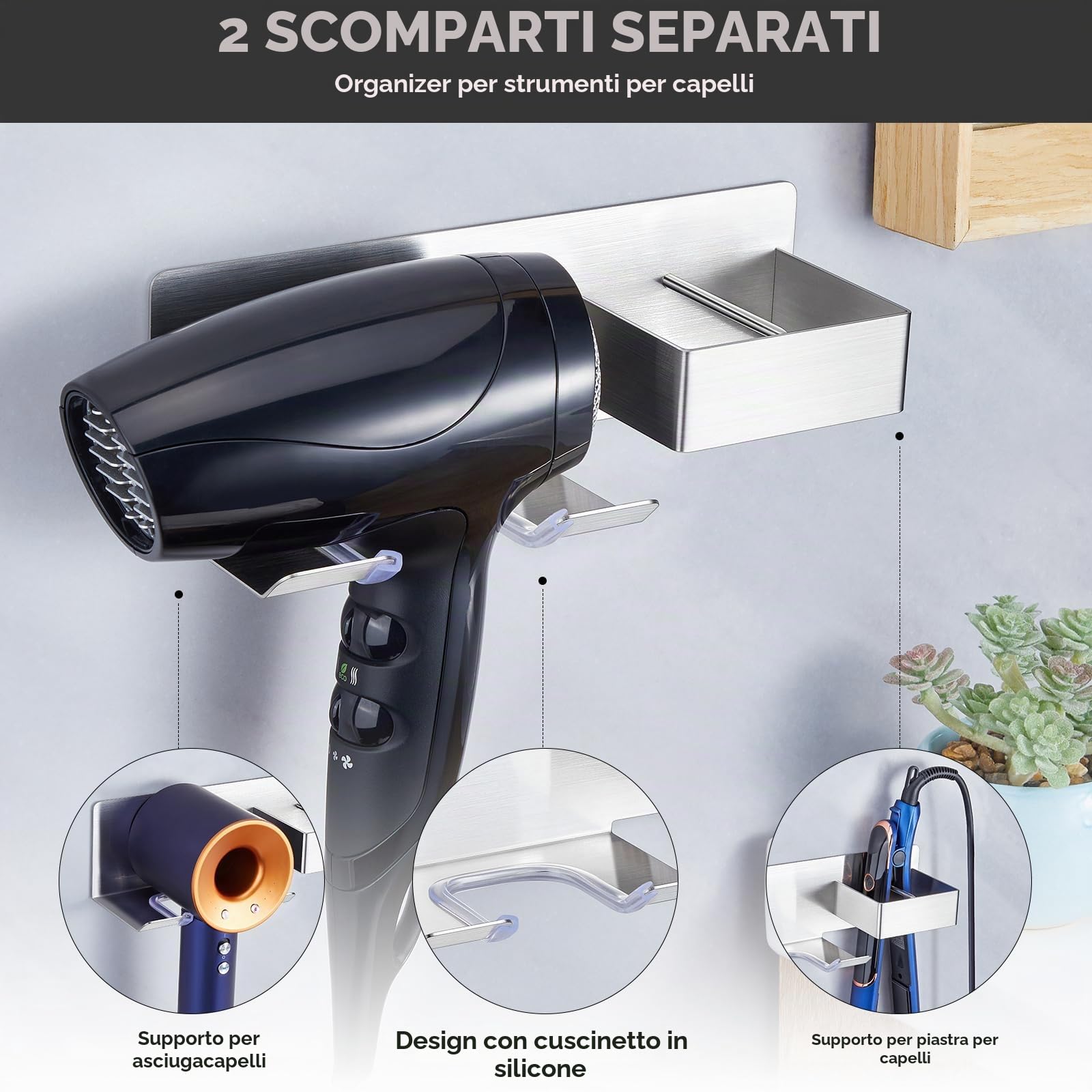 Porta phon e Piastra, Porta Piastra per Capelli, Porta Phon da Muro, Supporto per asciugacapelli da Parete Senza Foratura, Supporto per asciugacapelli e Piastra lisciante in Acciaio Inox