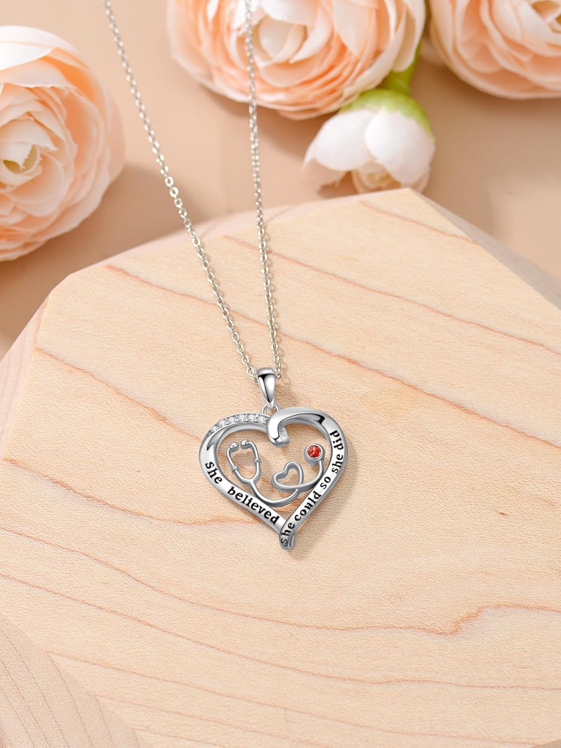 OCJ Nurse Gifts Nurse Pendant 925 Sterling Silver Heart Stethoscope Caduceus Angel Wings RN Necklaces Birthstone Jewelry Birthday Christmas Graduation Gifts for Nurses, Doctor, Medical Student - Image 6