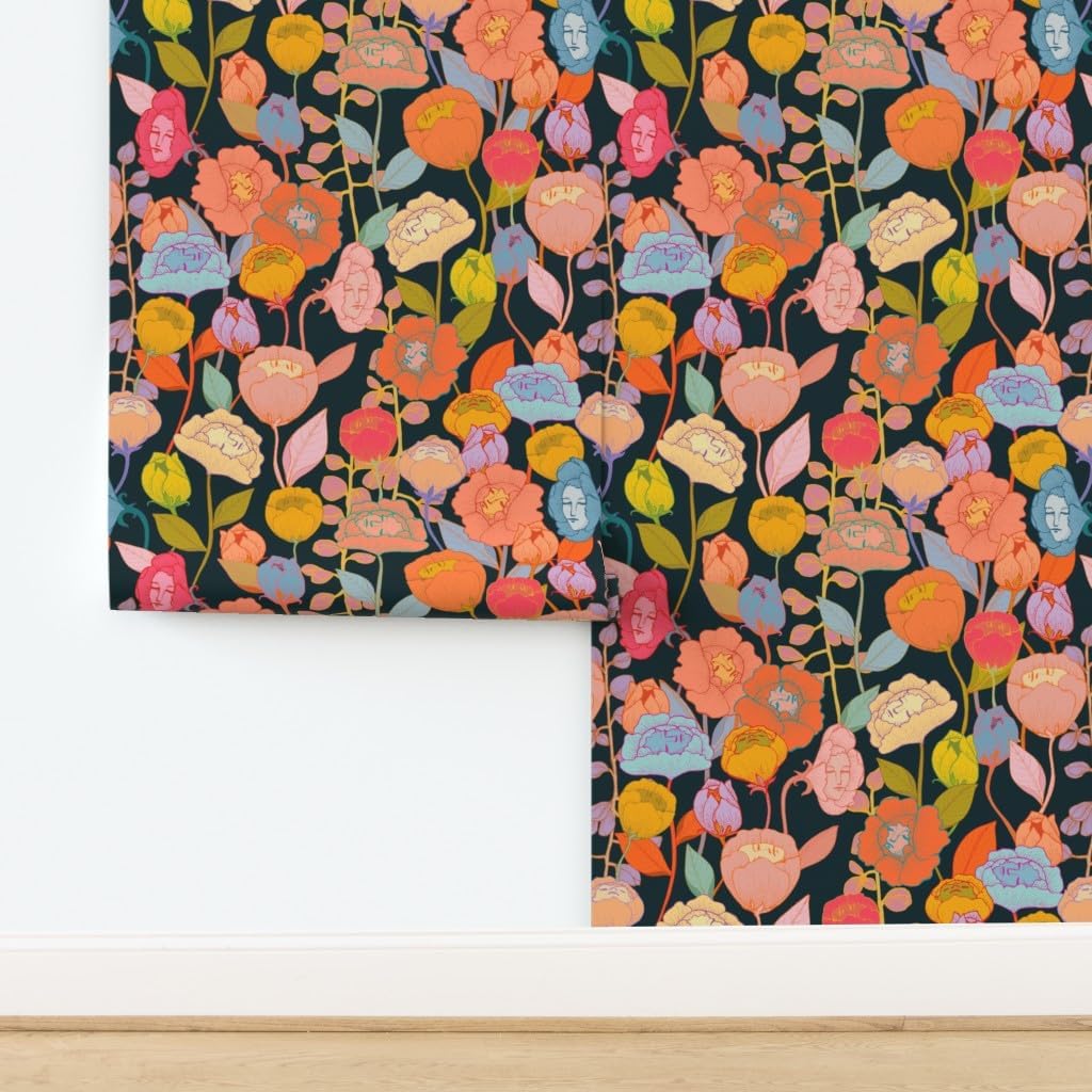 Removable Wallpaper 3ft x 2ft - Flowers Faces Fantasy Tropical Dream Hawaii Exotic Custom Pre-Pasted Wallpaper by Spoonflower