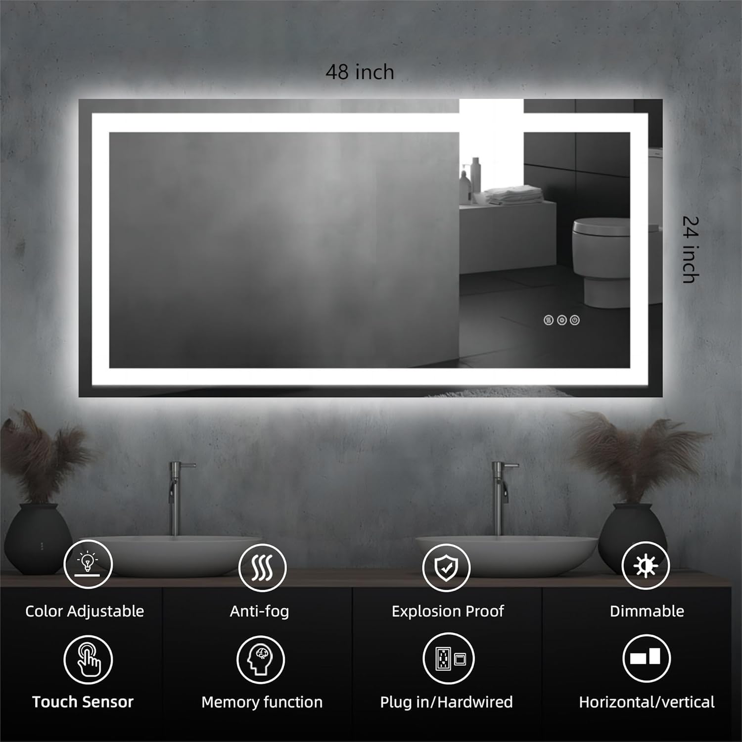LED Bathroom Mirror with Backlit & Front Light, 48"x24" Anti-Fog, Memory Function, Dimmable Color & Brightness,CRI90+, IP54 Waterproof, Horizontal/Vertical, Wall Mounted