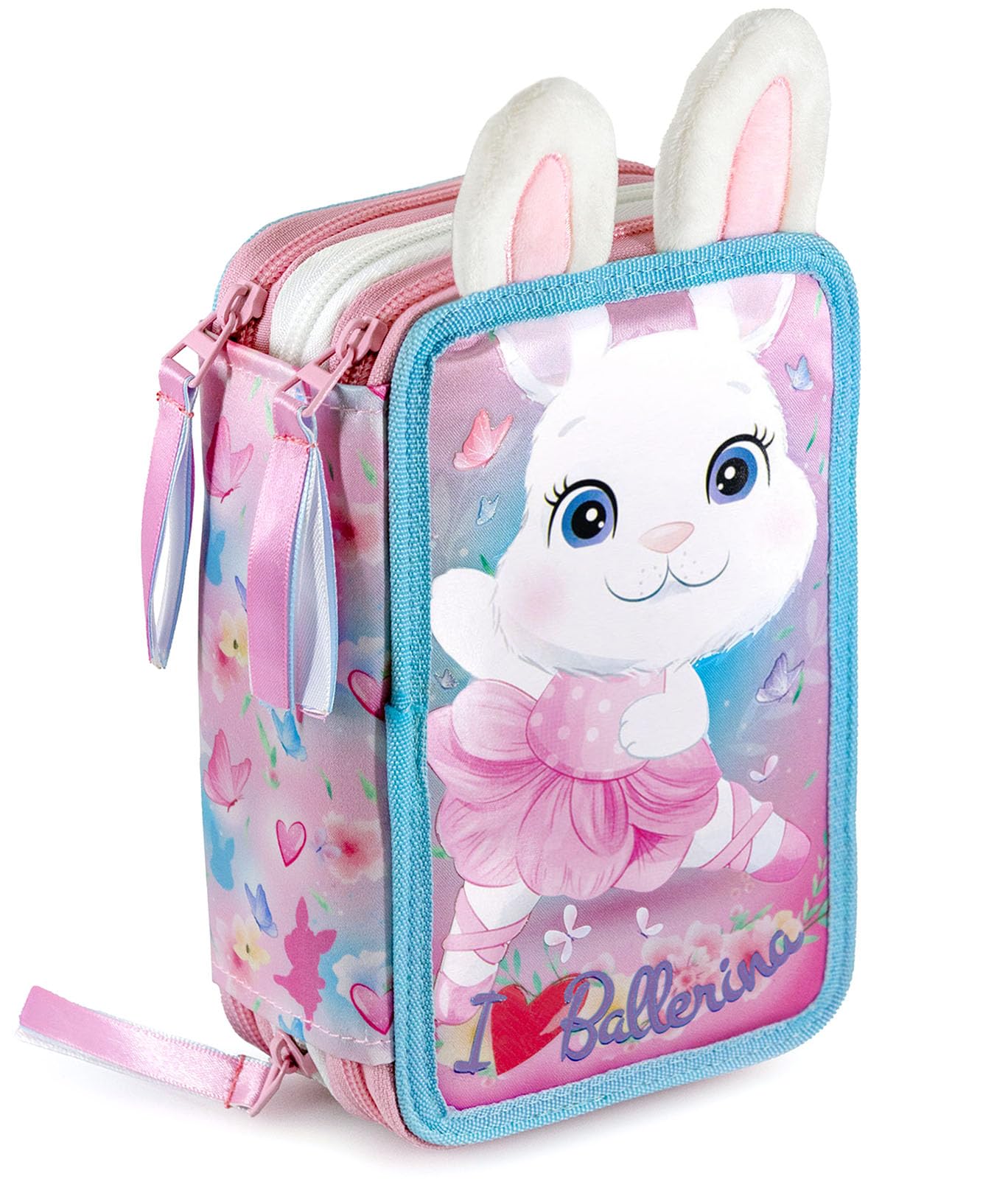 Julian Ross Ballerina Conejita Estuche Triple Lleno Niña, 45 Accesorios Escuela, Pegamento en Barra, Plumier 3 Cierres, Lápices de Colores, Marcadores, Pegamento, Tijeras