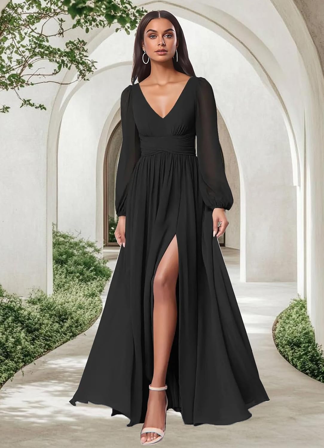 firfig Women Mesh Deep V Neck Open Back Sheer Long Sleeve Slit Leg Bridesmaid Maxi Dress Cocktail Party Wedding Guest Dresses - Image 3
