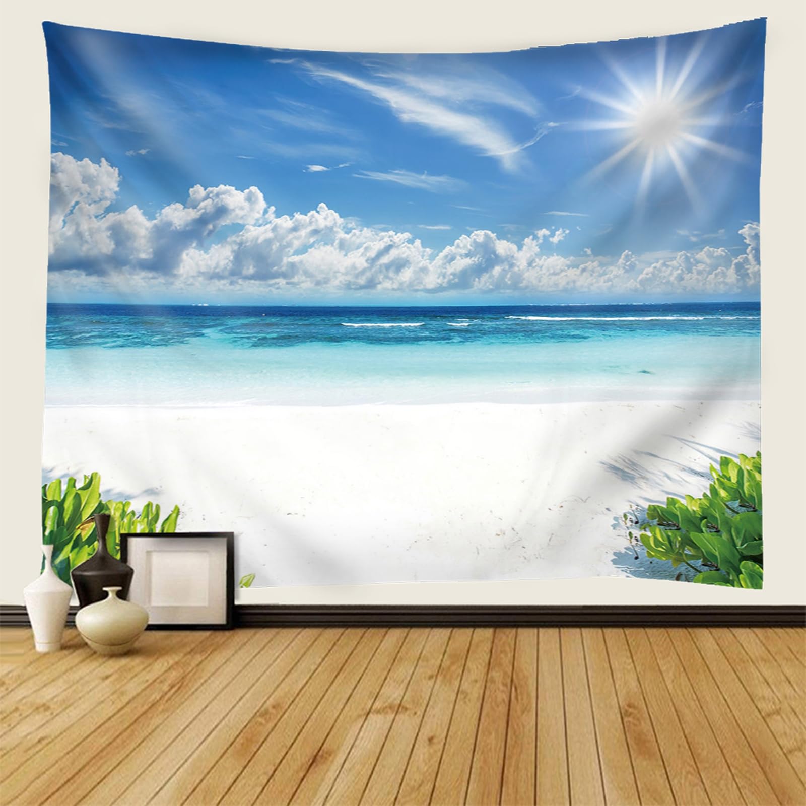 RDSGYZ Dywan ścienny, naturalny, duży, 300 x 256 cm, zasłona ścienna z motywem błękitnego nieba, białych chmur i morza, dekoracja ścienna, pokój dziecięcy, sypialnia, salon