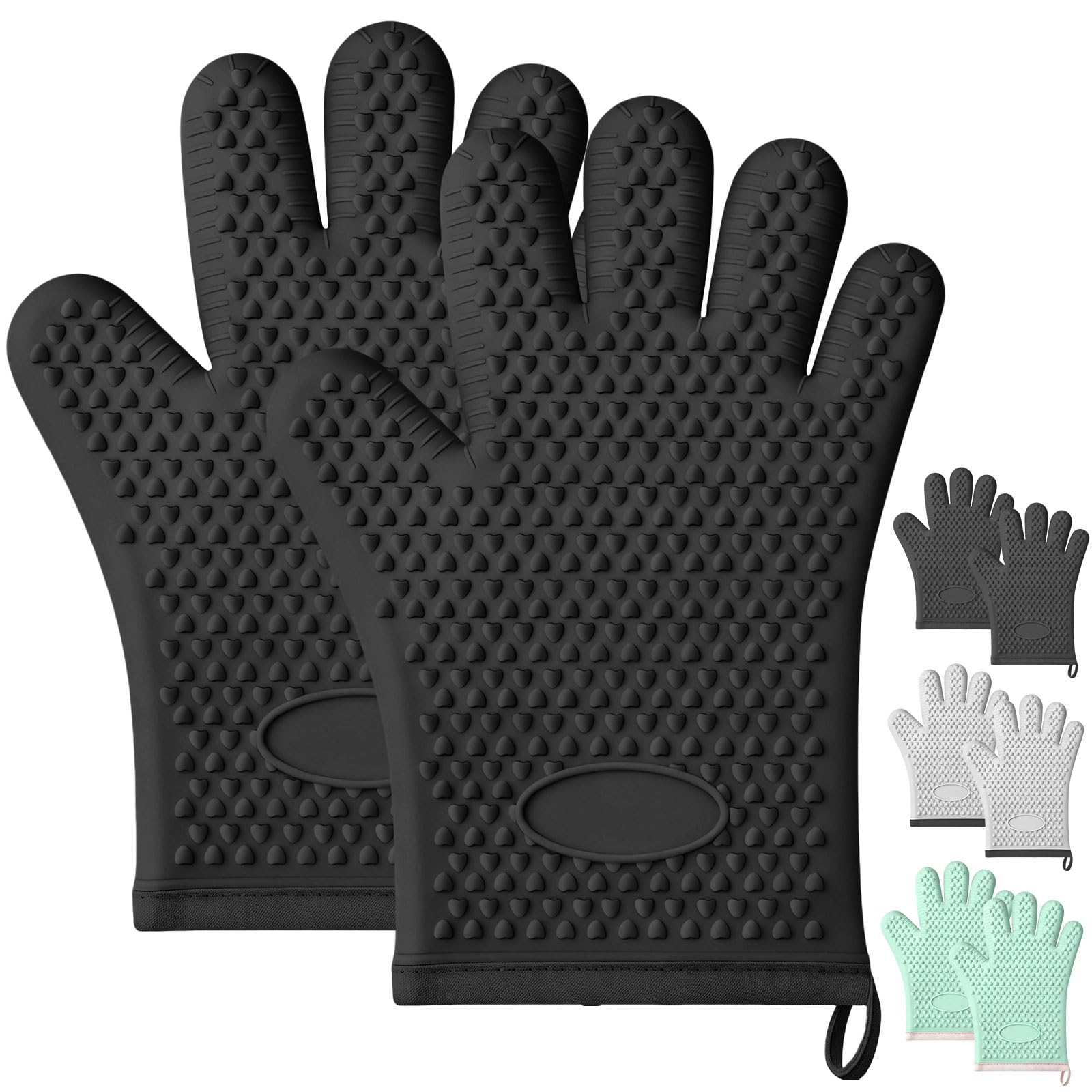 Silikon Ofenhandschuhe mit Fingern, Ofenhandschuhe Hitzebeständig für Küche, wasserdichte & rutschfeste Ofenhandschuhe zum Backen, Kochen, Grillen und BBQ (Schwarz)