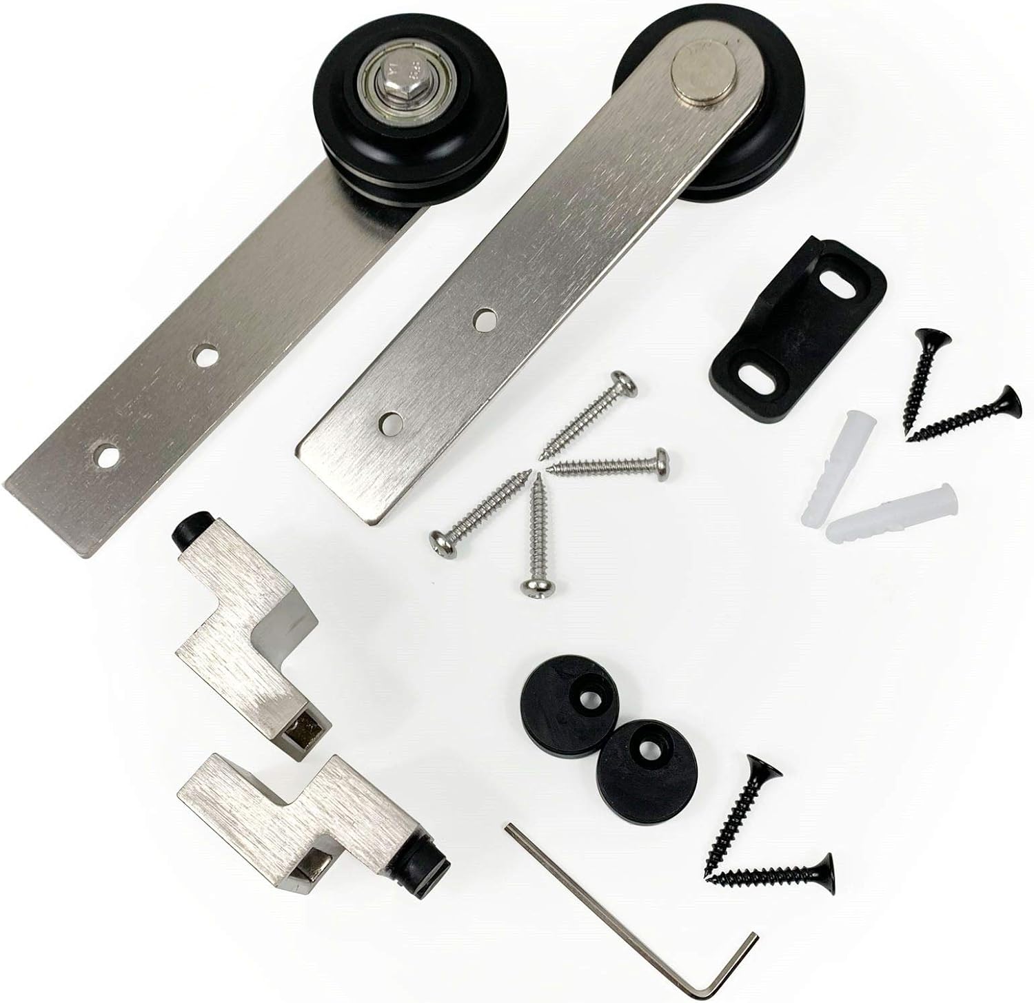 Homacer Mini Brushed Nickel Extra Flat Roller Set, Includes Two Rollers with Nuts, Bolts, and Washers, Two Door Stoppers, Two Anti-Jump Pads, and One Floor Guide (Sstraight Design)