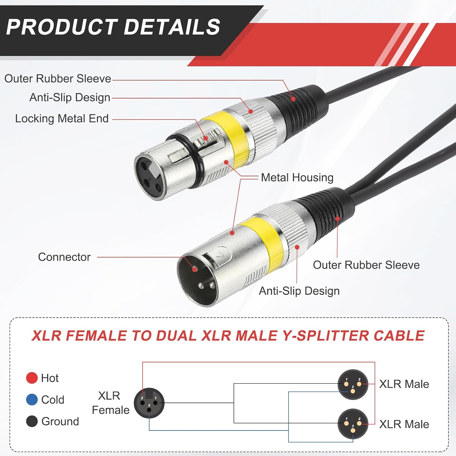 MECCANIXITY 2 Pack XLR Splitter Cable, 1ft / 0.3 m XLR 1 Female to 2 Male & 1 Male to 2 Female Y Cables for Balanced Audio Cord Equipment Mixers Microphones, Yellow Circle