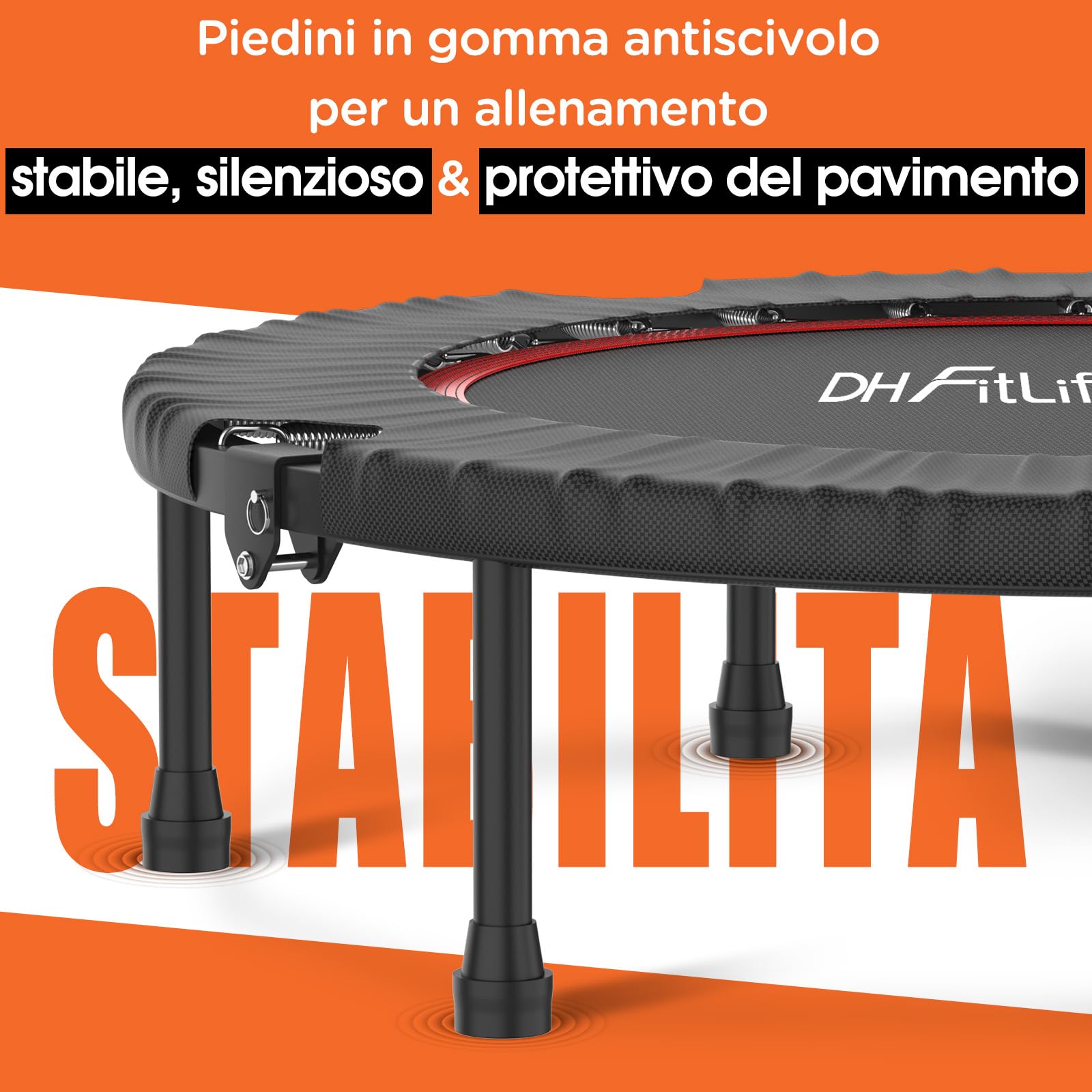 DH FitLife Trampolino Fitness Pieghevole per Interni senza Installazione | Ø 102 cm 40 Pollici Mini Trampolino | Portata 150 kg | Manico Regolabile a 4 Livelli | Stabile e Resistente