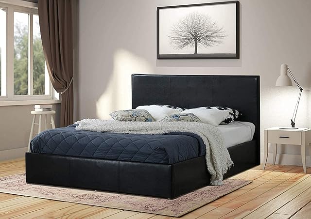 Modernique® Double Ottoman Storage Faux Leather Double Bed Frame (4FT6) Bounce Sprung Slats Base (Black, Double 4FT6)