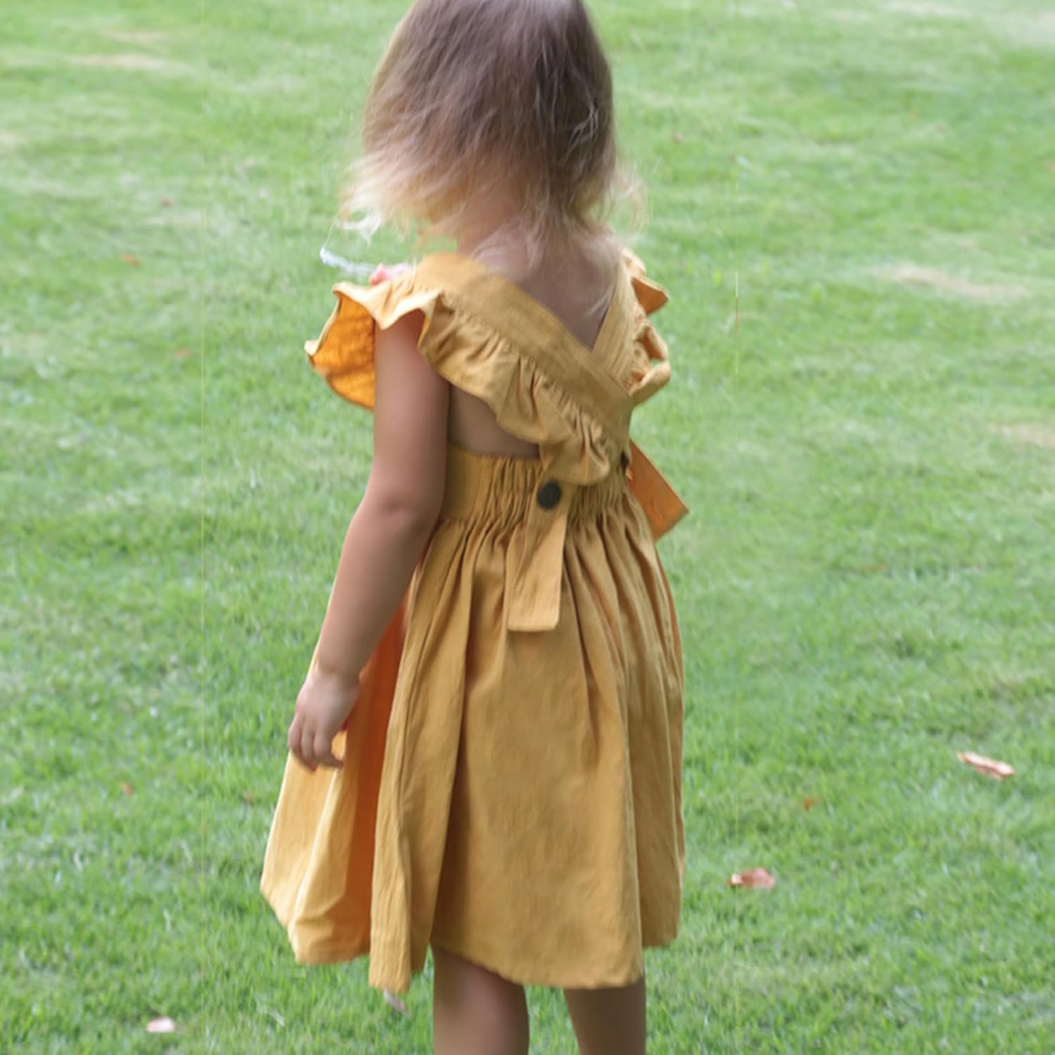 ACESATR Baby Girls Cotton Linen Ruffle Sleeve Dress Toddler Backless Sleeveless Crossback Strap Dresses Casual Sundress - Image 6