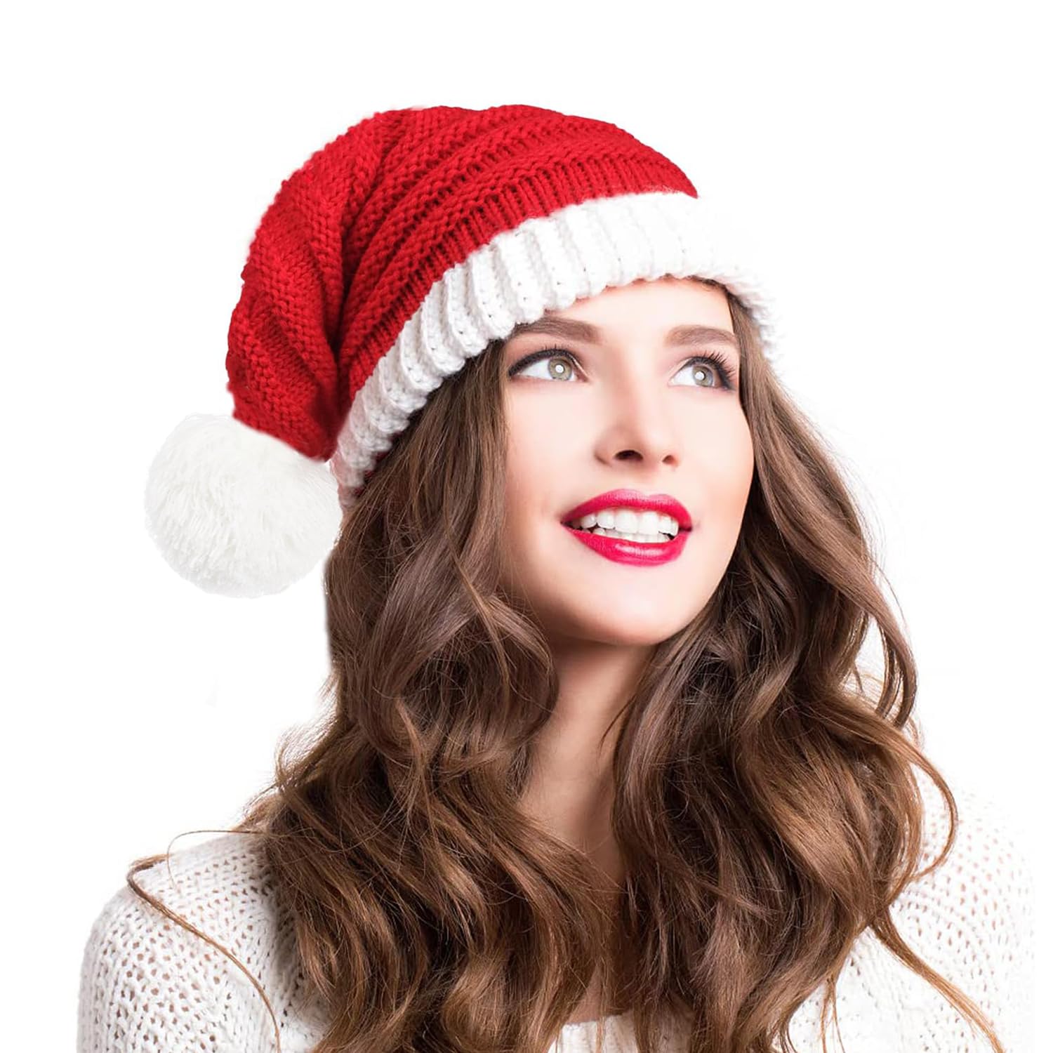 Glynisyz Santa's Knit Hat for Women Christmas Xmas Beanie Winter Hat with Pom Pom for Adults Women Men