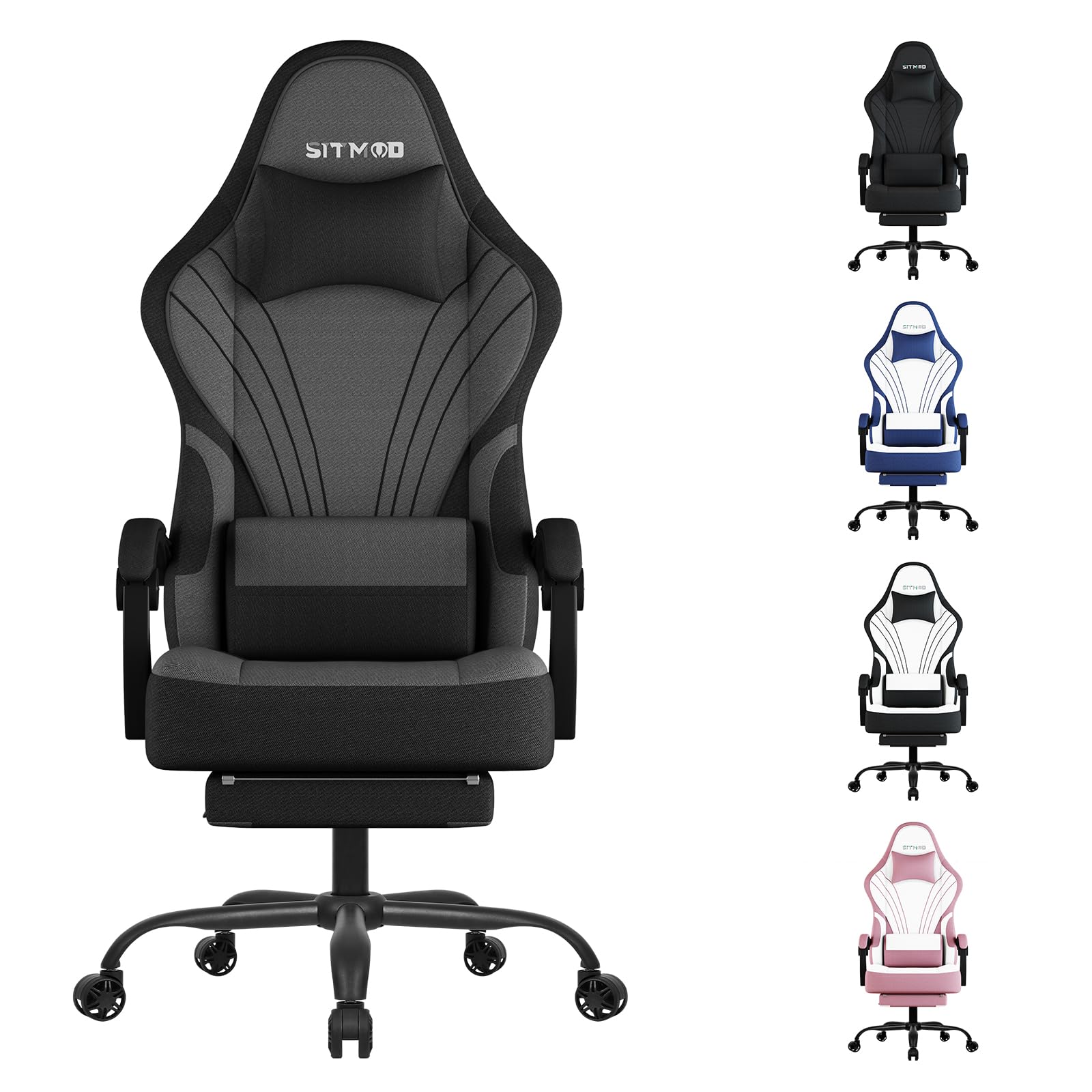 Silla Gaming Ergonómica Escritorio, para Videojuegos u Oficina, Silla Gamer con Cojín Lumbar & Reposacabeza, Regulable en Altura y reclinable, Tejidos Silla Cómoda con Reposapiés para Adultos(Gris)