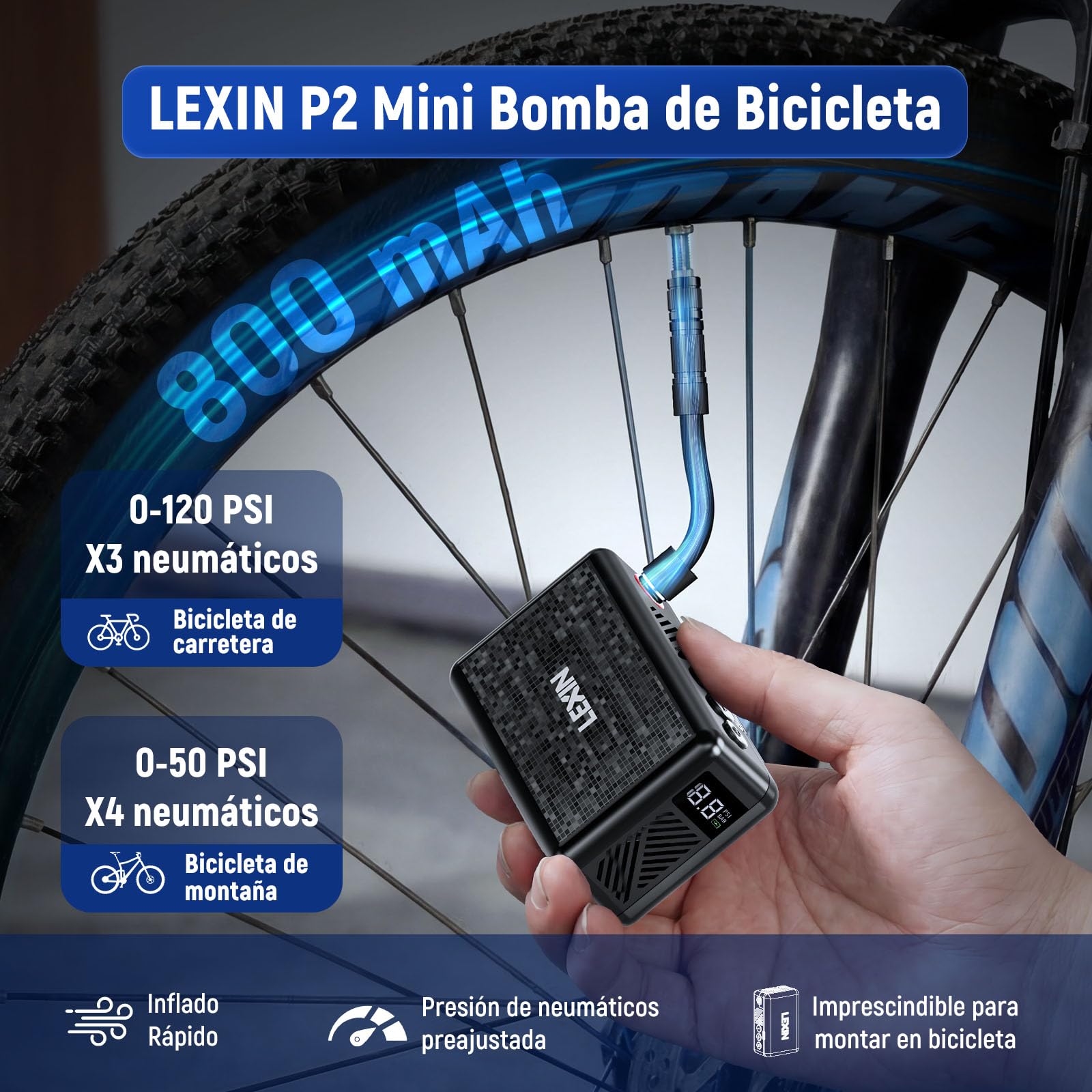 LEXIN P2 Mini Bomba para Bicicleta, 130 PSI, Ultra-Ligero, Pantalla LCD | Compresor Portátil para Bicicleta con Batería 700mAh, Válvulas Presta y Schrader, para Bicicleta/Moto/Bola/Scooter