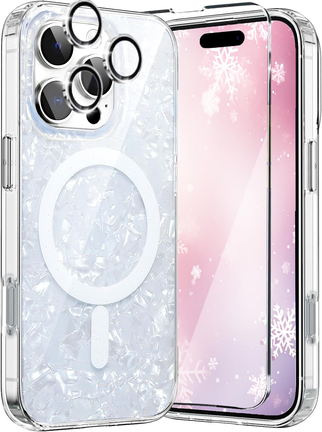WATEFULL for iPhone 16 Pro Max MagSafe Case White Opal Pearly Glitter Sparkly, Bling Magnetic Translucent Bumper Case +1 Screen 1 Camera Protector for
