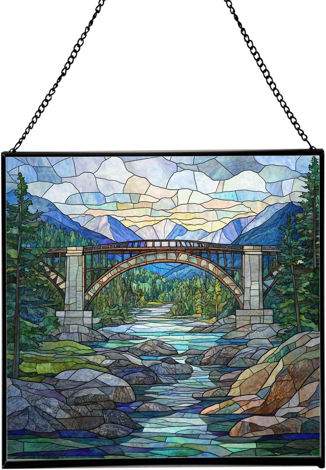Bitter-Root-Bridge Stained Glass Suncatcher – Square Hanging Window Panel for Home or Office – Iconic Landmark Glass Art Gift for Architecture, Travel Lovers, Christmas KeMV4O