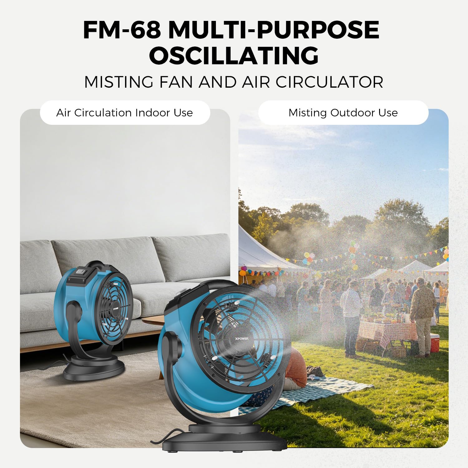 XPower Misting Fan Outdoor Cooling Oscillating Heavy Duty Powerful High Velocity Ideal for Camping, Patios Picnics & More (FM-68)