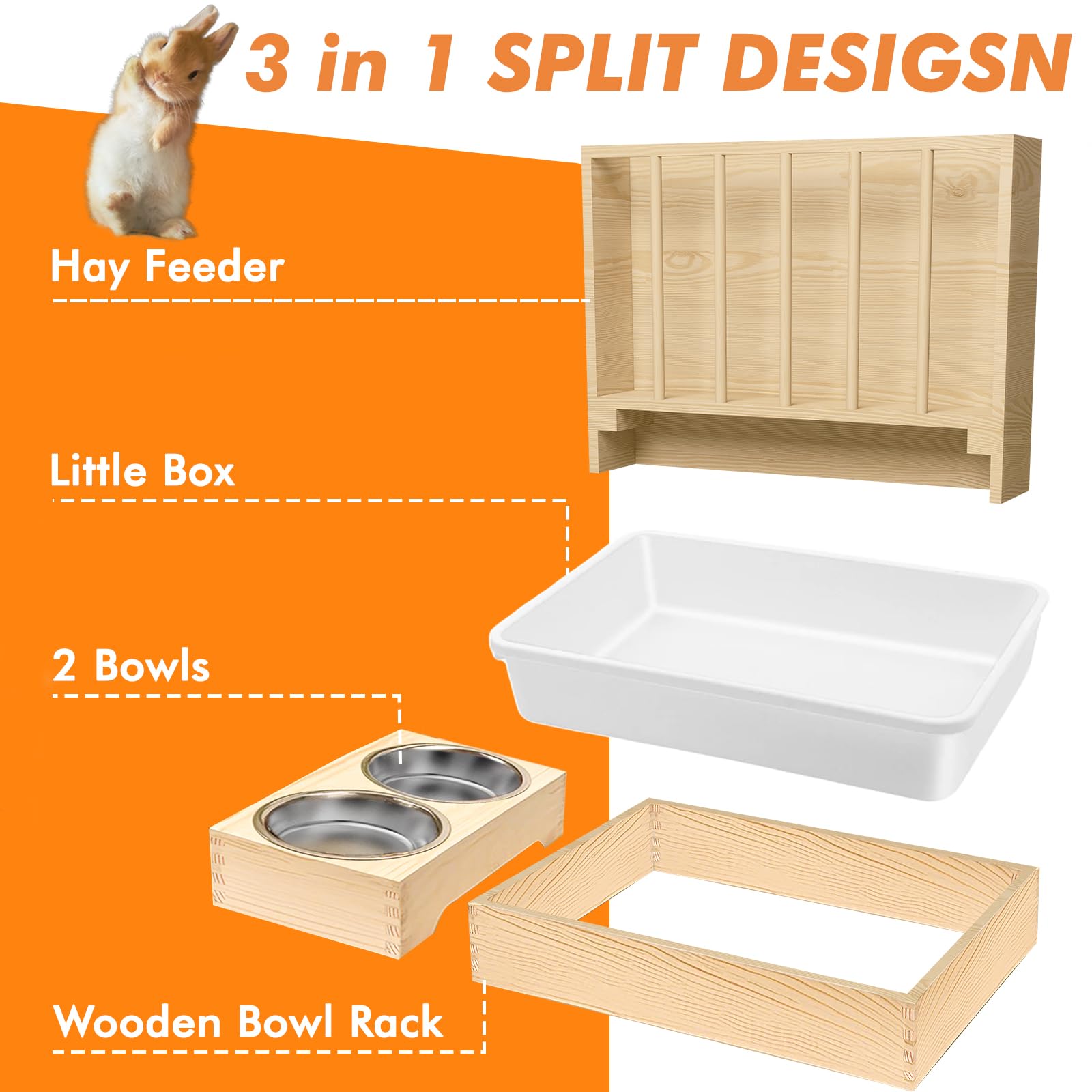 Rabbit Litter Box Bunny Litter Box Hay Feeder Rabbit, 3 in 1 Wooden Hay Feeder with 2 Bowls & Toilet for Guinea Pig, Bunny, Hamster, Chinchillas Other Small Animals, Large Capacity & Preventing Waste - image 2