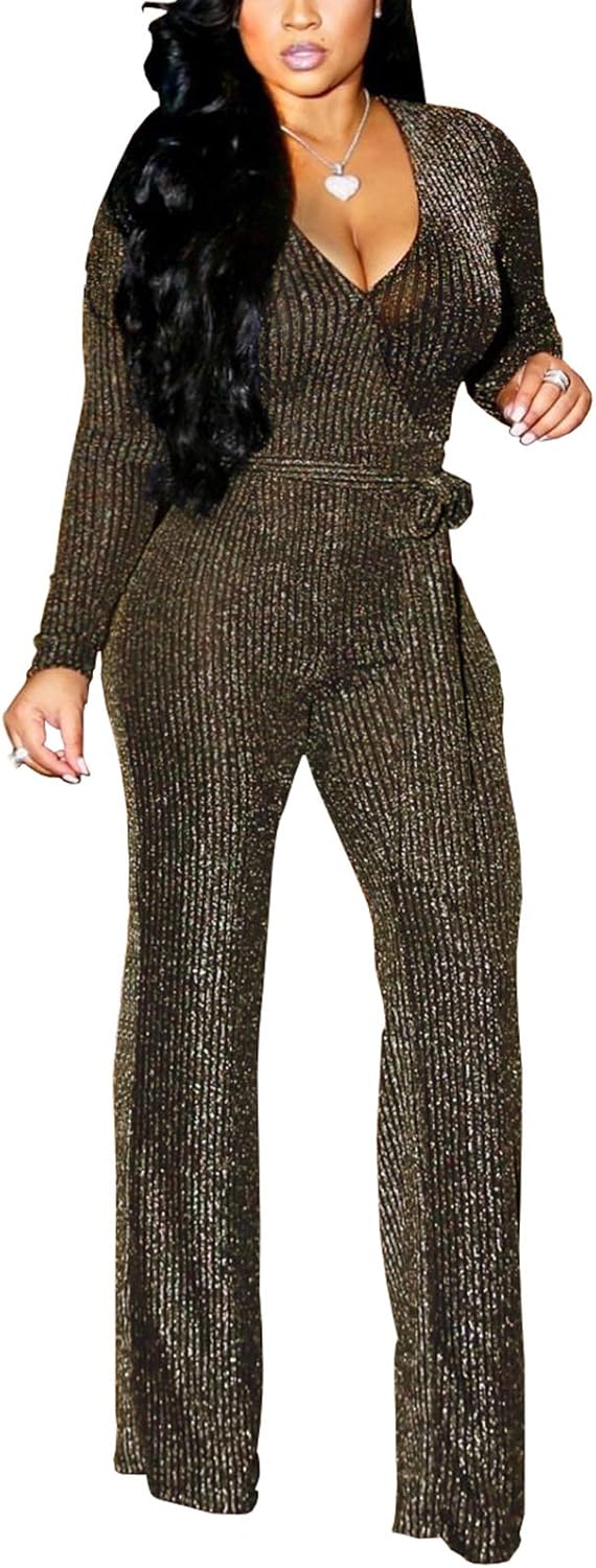 JTNFairy Sexy Sequin Jumpsuits for Women Plus Size Elegant Clubwear Sparkly High Waisted Wide Leg Pant Disco Outfits