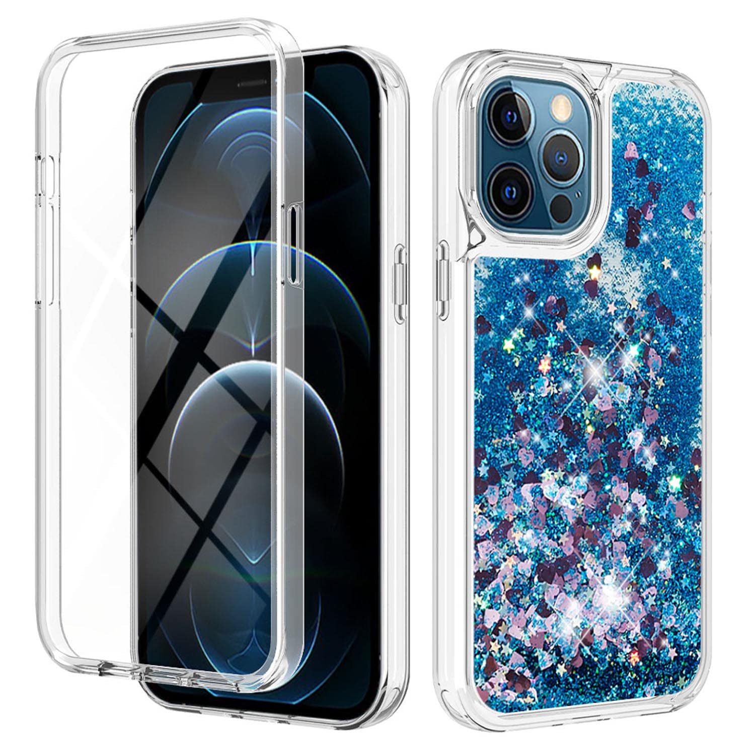Compatible with iPhone 12 Pro Max Full Body Case with Built-in Screen Protector, Sparkly Flowing Liquid Glitter Case Women Girls Soft TPU Cover for iPhone 12 Pro Max, BLUELOVE&PET