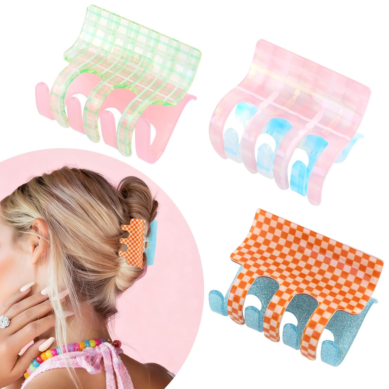Checkered Hair Claw Clips 3-Pack, Medium French Claw for Women, 2.6 Inch Reversible Hair Clips for Thick and Thin Hair, Strong Hold Non-Slip Colorful Acetate Clips Set | 3 Colors
