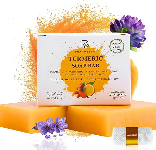 Turmeric Soap Bar for Face & Body - Turmeric Soap with Bakuchiol, Niacinamide, Hyaluronic Acid to Improve Skin Texture, Radiance & Smoothness-face wash bar for Acne-Prone, Sun-Exposed Skin (Pack of 2)