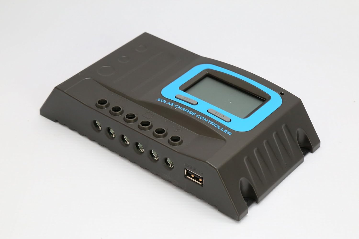 Angled view of the LDSOLAR SD Series Solar Charge Controller showing terminals and USB port