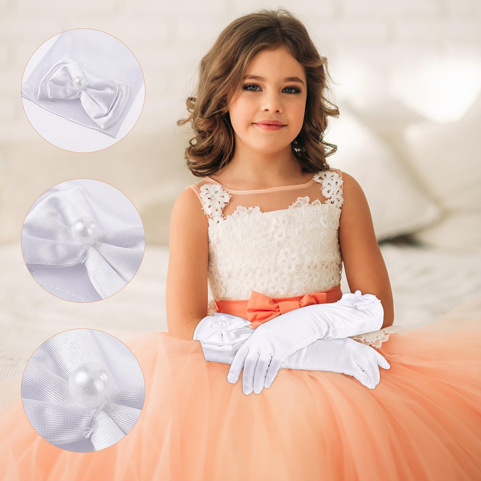 Yolev Guantes de Niña de Satén Blancos Largos con Lazo Formales para Boda Primera Comunión