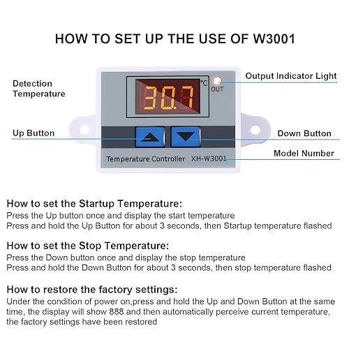 Miniatura 3 de XH-W3001 Módulo controlador de temperatura LED digital Interruptor de termostato digital con sonda impermeable Calefacción programable Enfriamiento