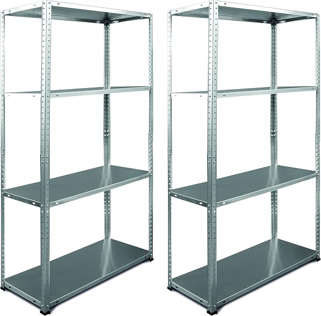 Pack of 2 RB BOSS Garage Shelving Units (1450mm x 750mm x 300mm) BOLTED Galvanised Steel Racking Outdoor Garden Shed Storage | 2 Bay, 4 Tier 180KG Capacity (45kg Per Shelf)