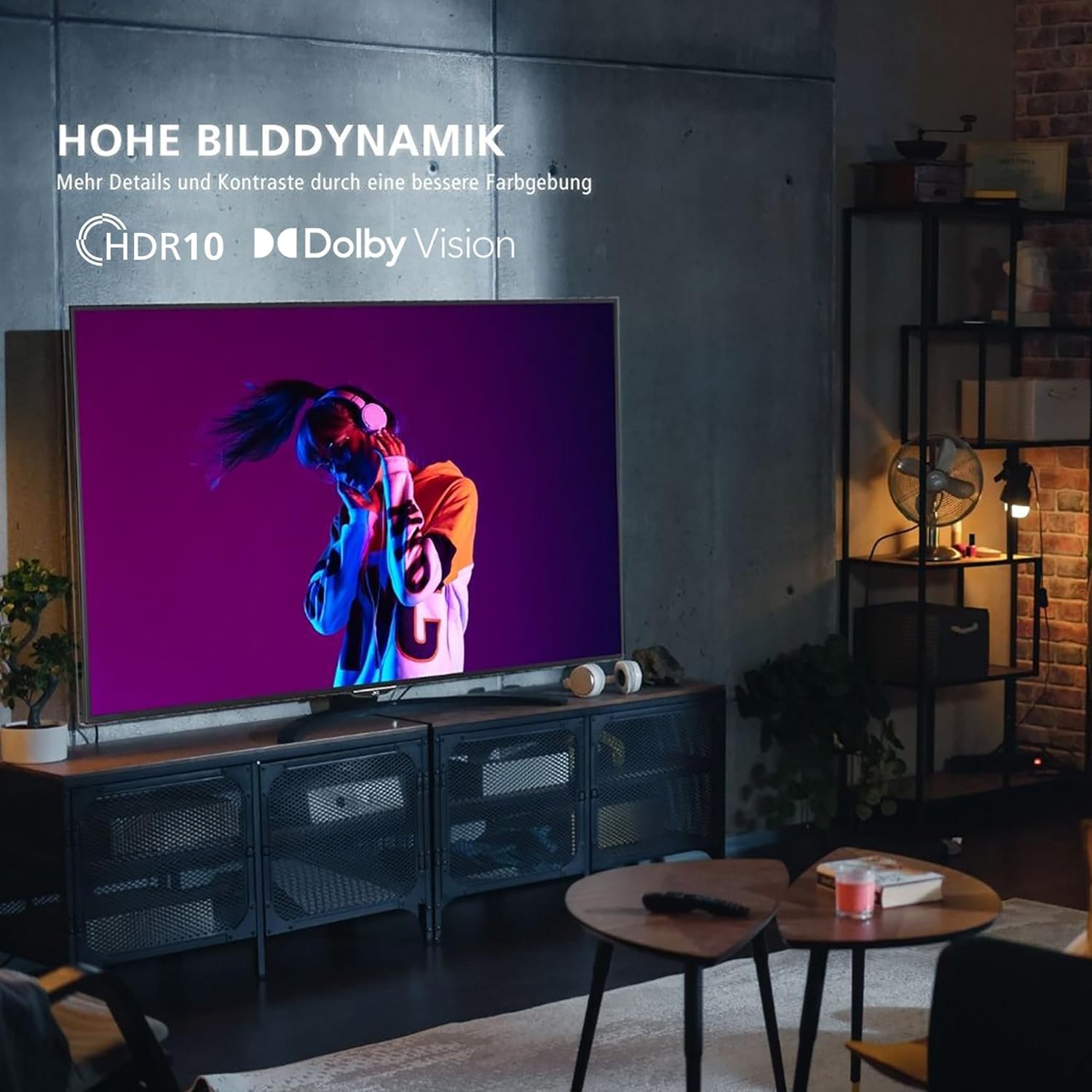 The JVC Smart TV showcasing high dynamic range (HDR) capabilities with HDR10 and Dolby Vision, illustrating enhanced details and contrast.