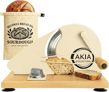 Bread Slicer for Homemade Bread & Sourdough Rounds Manual Sourdough Slicer, Hand Crank Cutter with Adjustable Thickness, Stainless Steel Blade, Includes Beeswax Bag