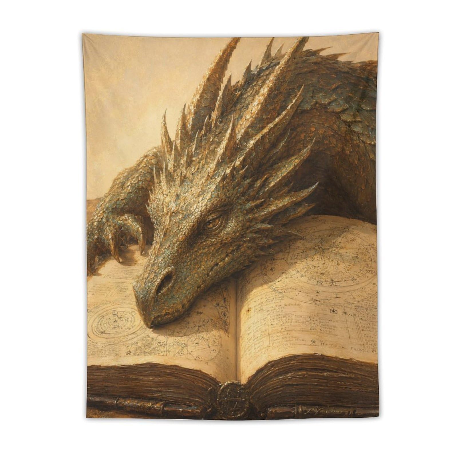 W7C8U2X3 Golden Dragon Sleeping on Book Wall Tapestry, College Dorm
