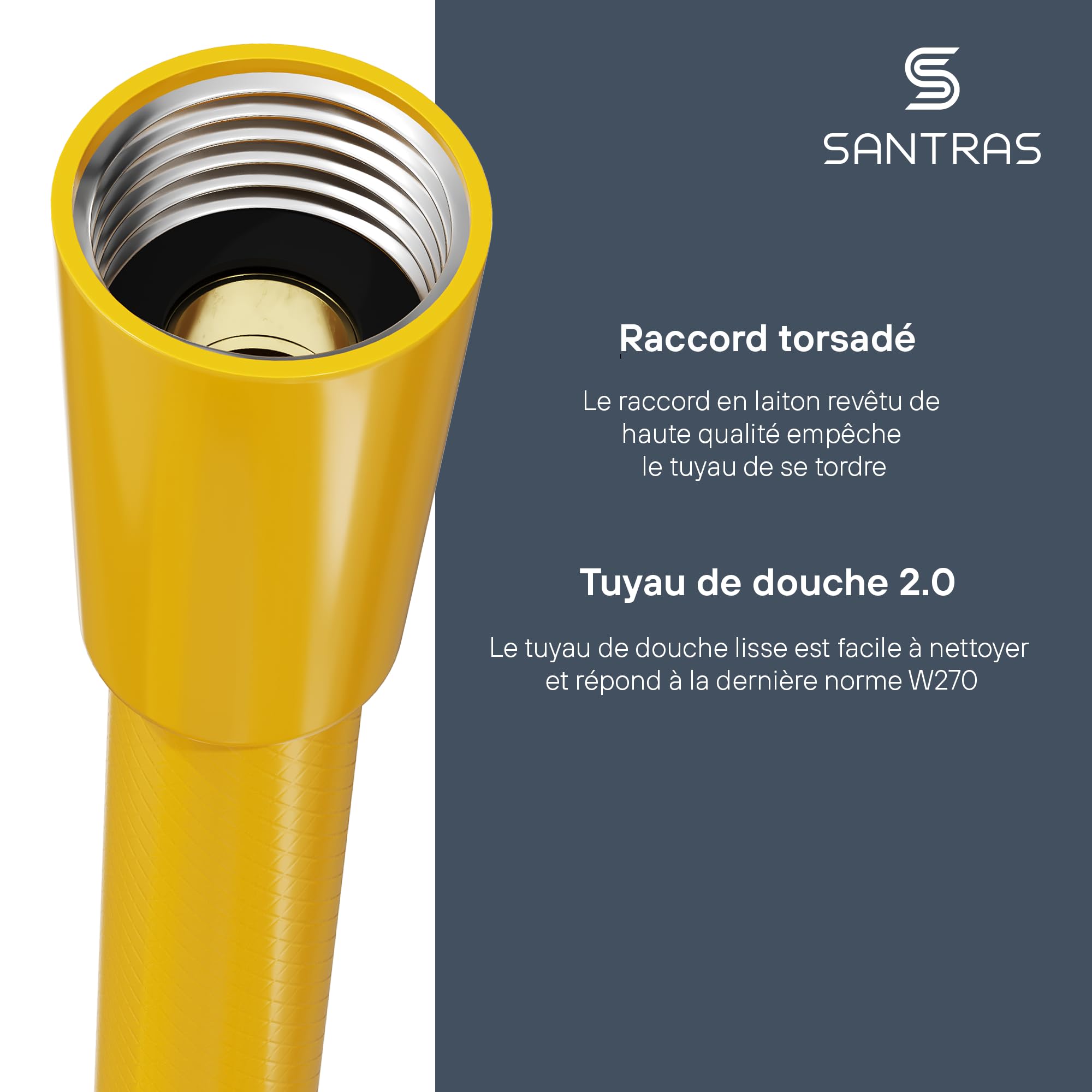 SANTRAS® Flexible de Douche 1,50 m Jaune (RAL 1004) PVC – anti-torsion et anti-pliure | raccord universel 1/2" avec joints pour douche et baignoire