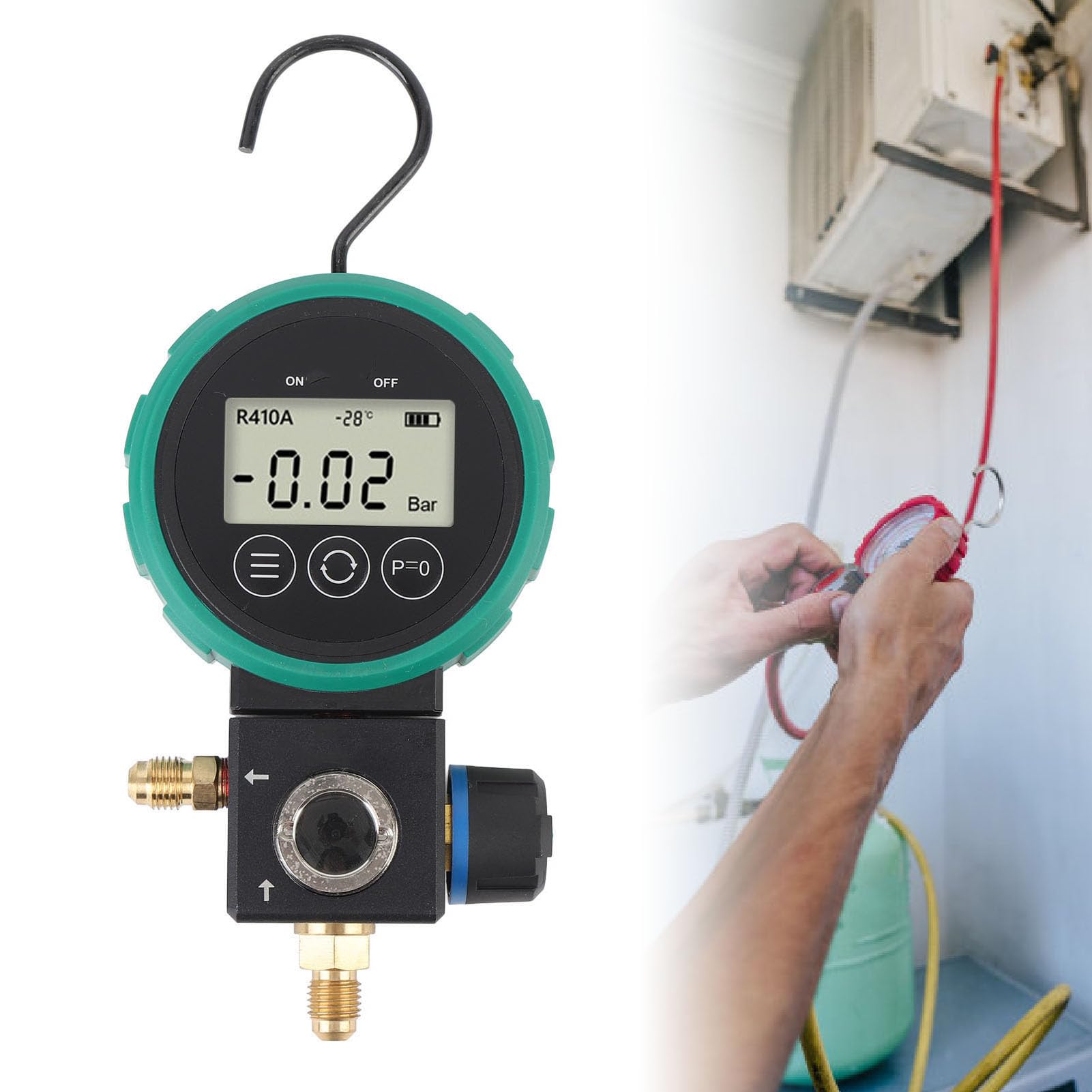 Digitales Manometer für HVAC Klimaanlagen, Hochpräzises Druckmessgerät mit Kugelventil, Unterstützt 9 Kältemittel R32 R410A R134a, LCD-Display mit Hintergrundbeleuchtung für