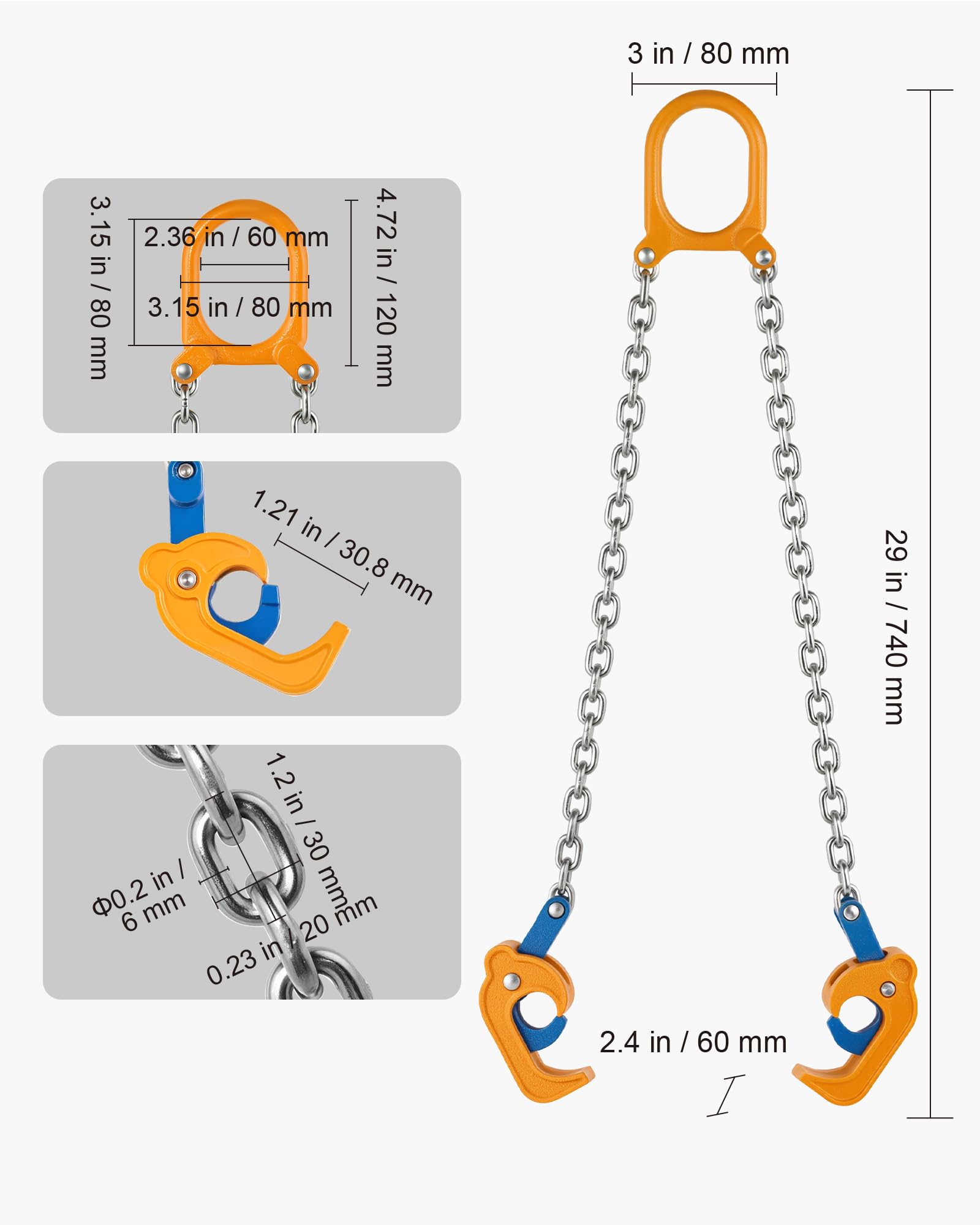 VEVOR Elevador de Bidones de Cadena G80, Eslinga con Gancho de Seguridad Reforzado, Capacidad 0,9 T, Acero al Carbono, 740 x 80 x 50 mm