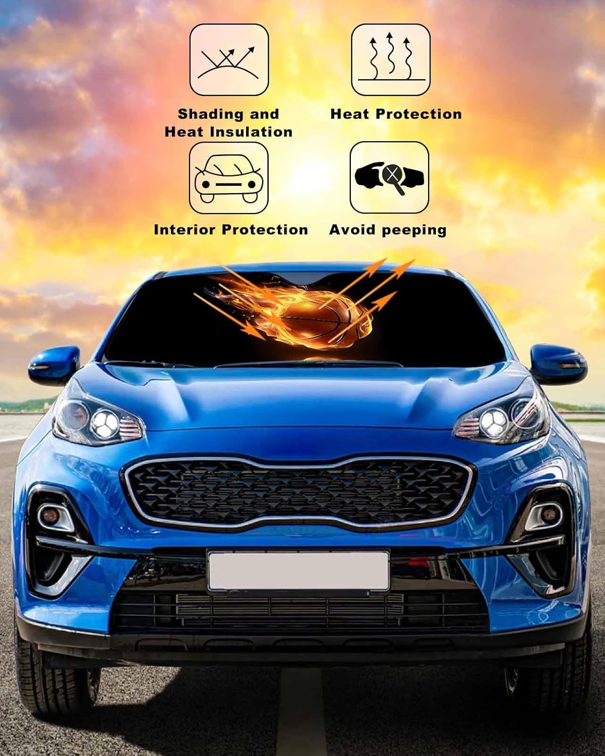 Front Car Windshield Sun Shade 29x51in, Basketball in Fire Flames Sports Theme Foldable Car Sunshade Blocks Sun UV Rays Protector Car Sun Visor Protector Keep Cool Car Sunshade