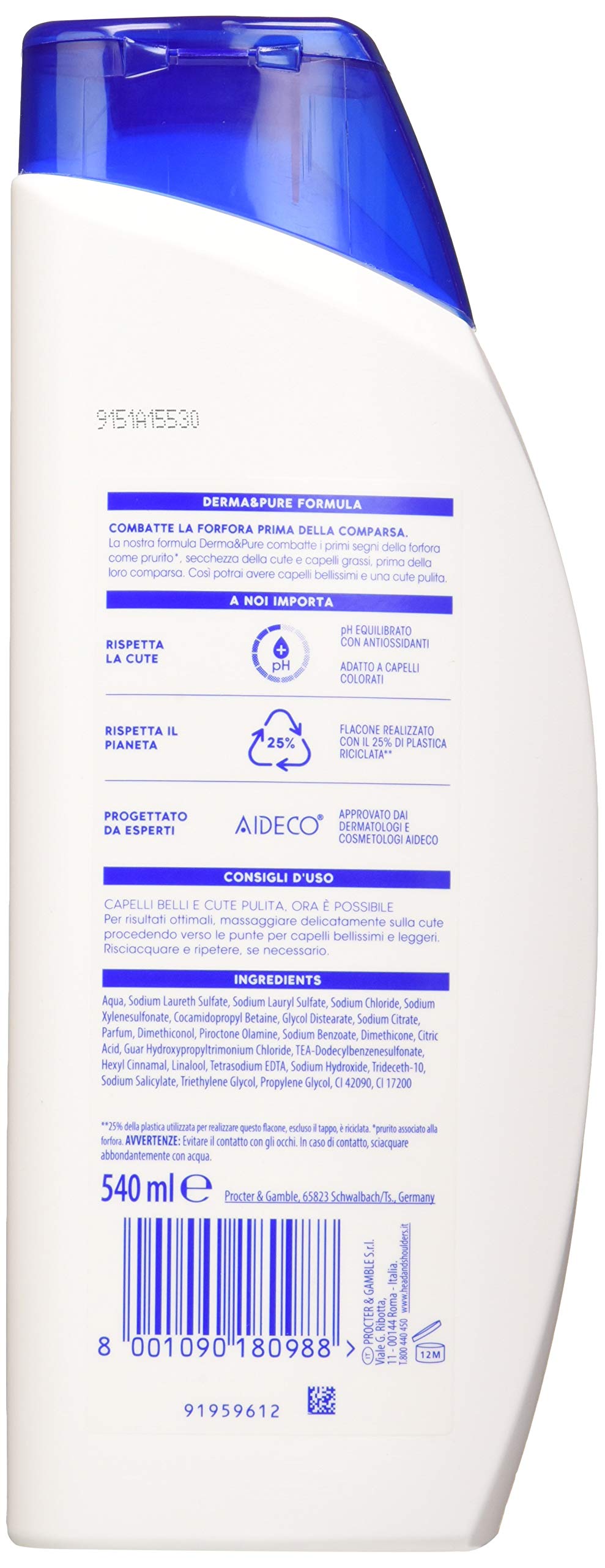 Head & Shoulders Champú anticaspa Classic Clean 2 en 1, champú y acondicionador, paquete de 3 unidades de 540 ml, para cabello graso, sin parabenos, hasta 72 horas de protección