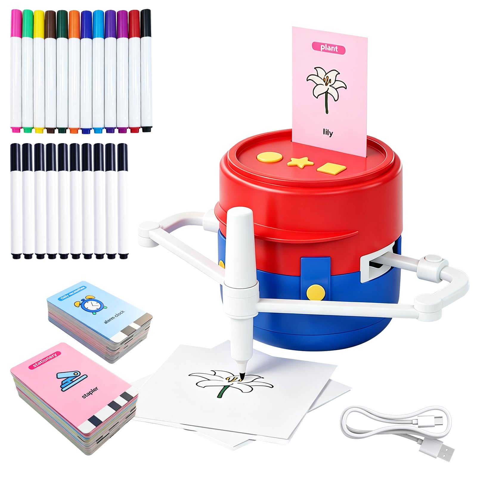 Robot da disegno per bambini, set magico da colorare con 22 penne e 200 carte educative, guida vocale, giocattolo Montessori, età 3-8 anni, versione inglese