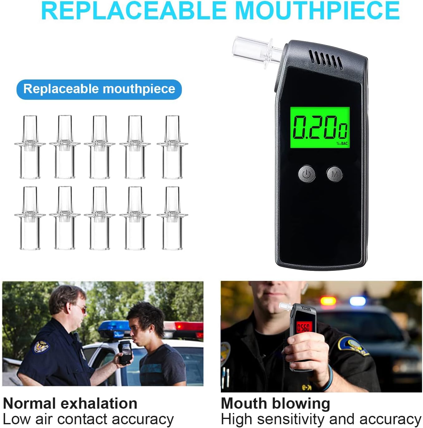 Breathalyzer, Professional-Grade Accuracy Alcohol Tester with USB Rechargeable, Portable Breathalyzer with LCD Digital Display and 10 Mouthpieces - Image 6