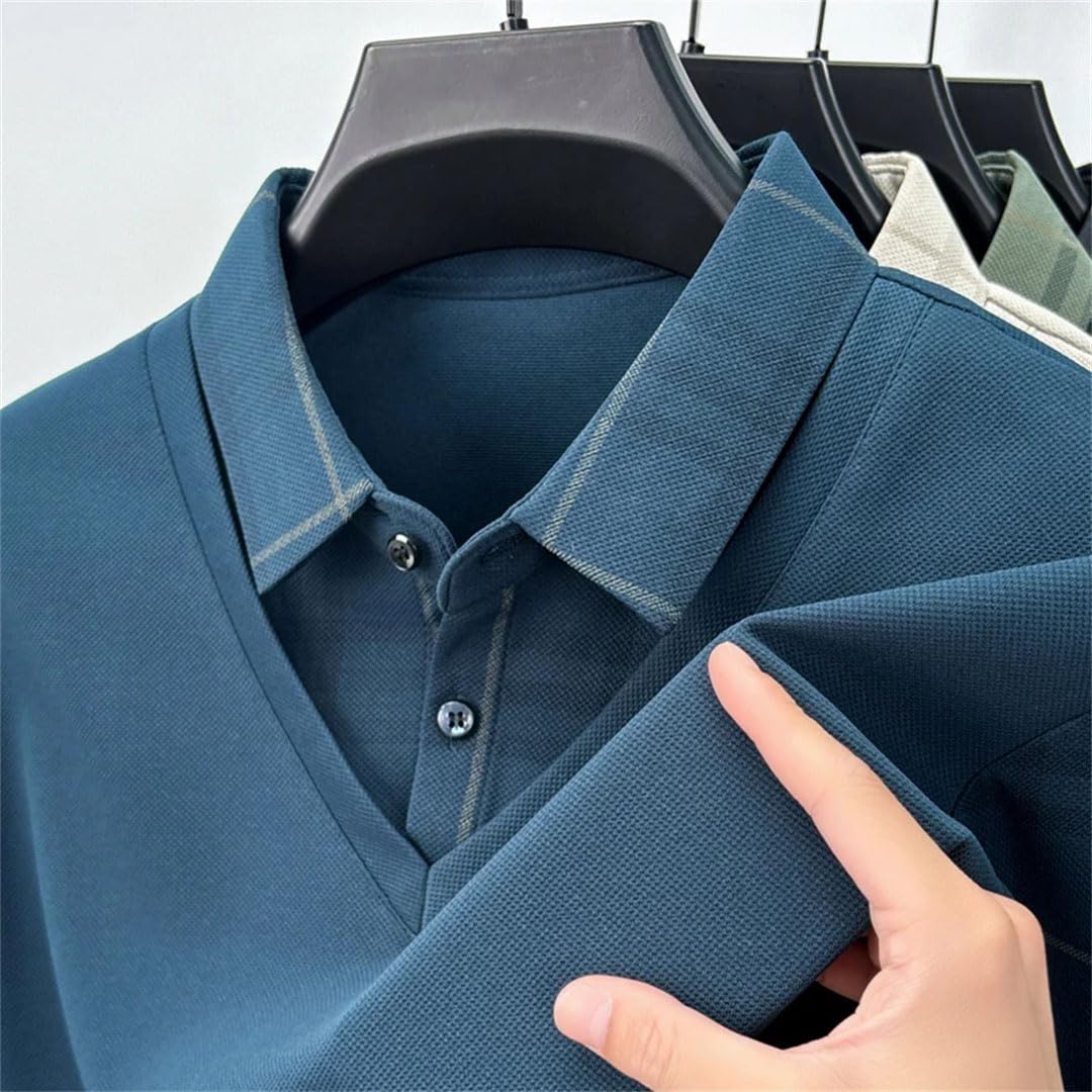 Camiseta polo de manga larga con botones y cuello vuelto para hombre, color de contraste