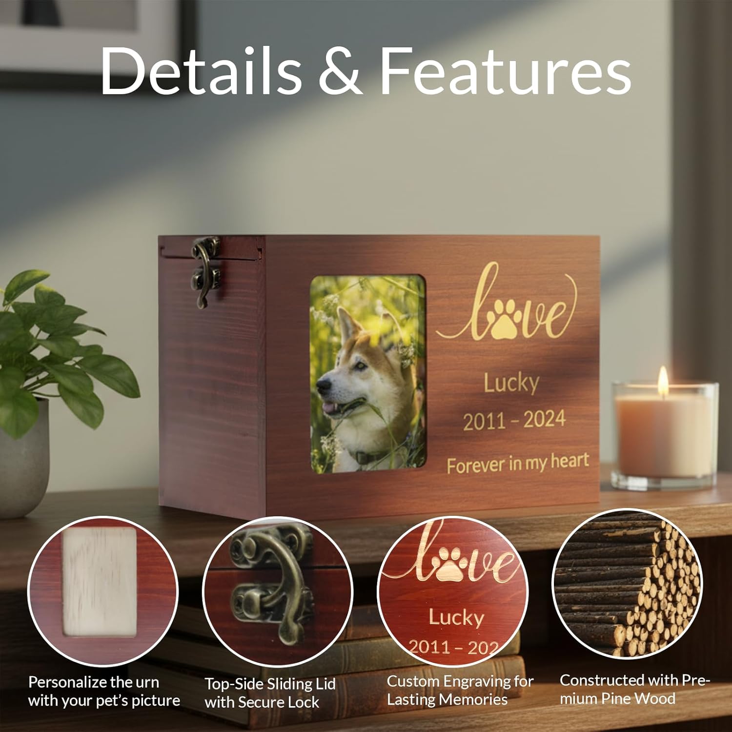 Custom Engraved Pet Urn for Ashes with Photo Name Date Text and Decorative Pattern, Personalized Medium Wood/Bamboo Memorial Urn for Dogs Cats and Rabbits (Black Wood)
