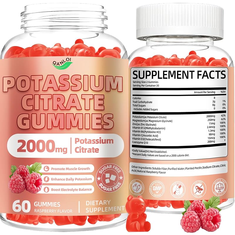 QANLOI Suplemento de potássio em gomas, citrato de potássio 2000 mg, 60 gomas