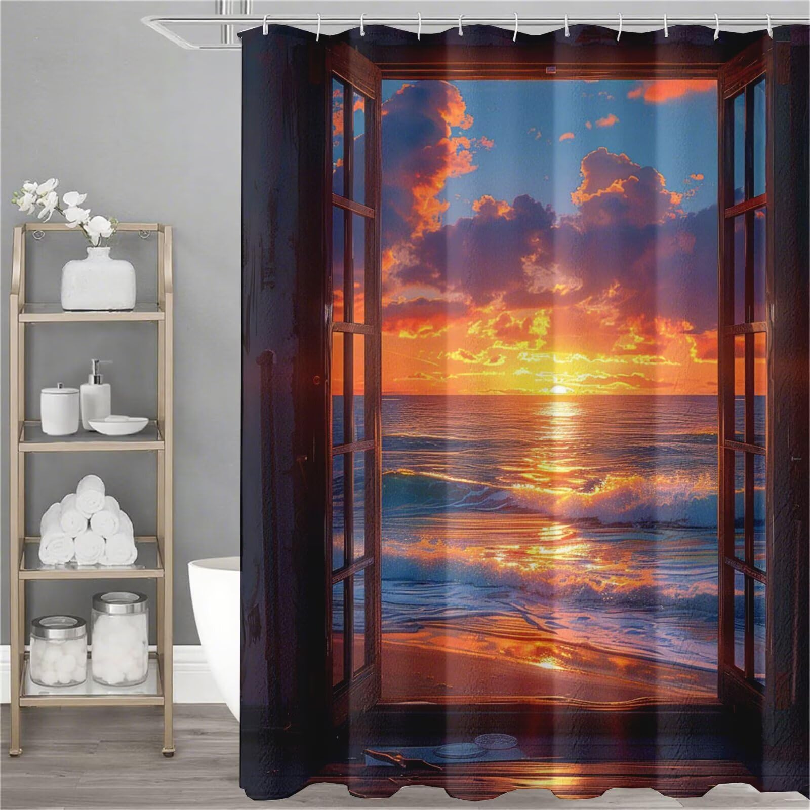 Rideau de douche imperméable avec ourlet lesté motif coucher de soleil et 12 crochets inclus