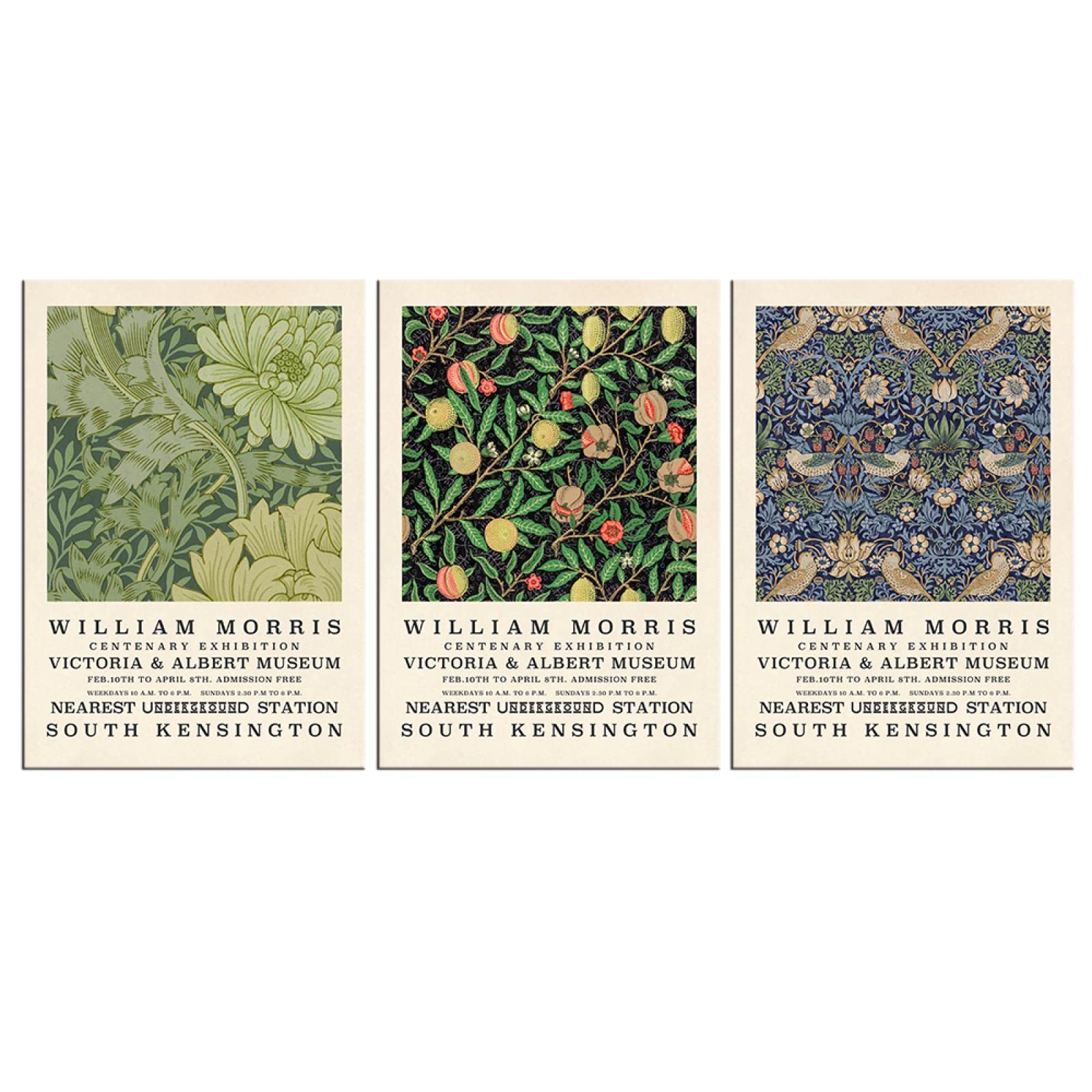 Dittelle William Morris Stampa su Tela The Victoria and Albert Museum Exhibition Poster London Underground Art Painting Wall Decor 60x90cm-3 Pezzi Senza Cornice