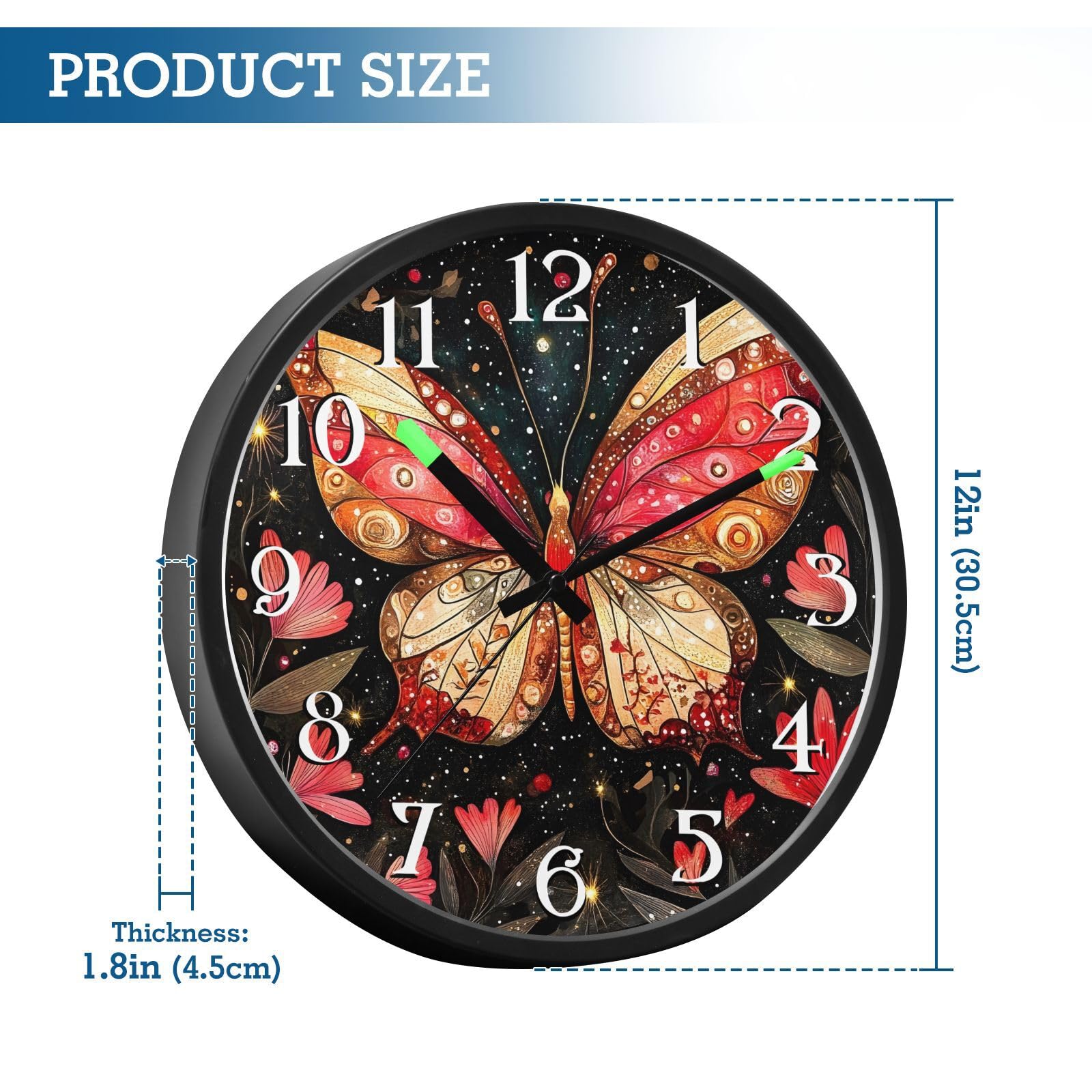 Mnsruu Reloj de pared luminoso con diseño de mariposa roja y luna, funciona con pilas, reloj silencioso que brilla en la oscuridad, para sala de estar, cocina, 30,5 cm
